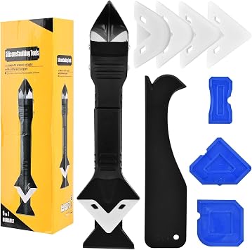 Silicone Caulking Tool, 3 in 1 Caulking Remover Glazing Compound Finishing Tool with 5 Replacement Silicone Scraper Pads, Grout Scraper Kit for Bathroom Kitchen Floor Window Sink Joint