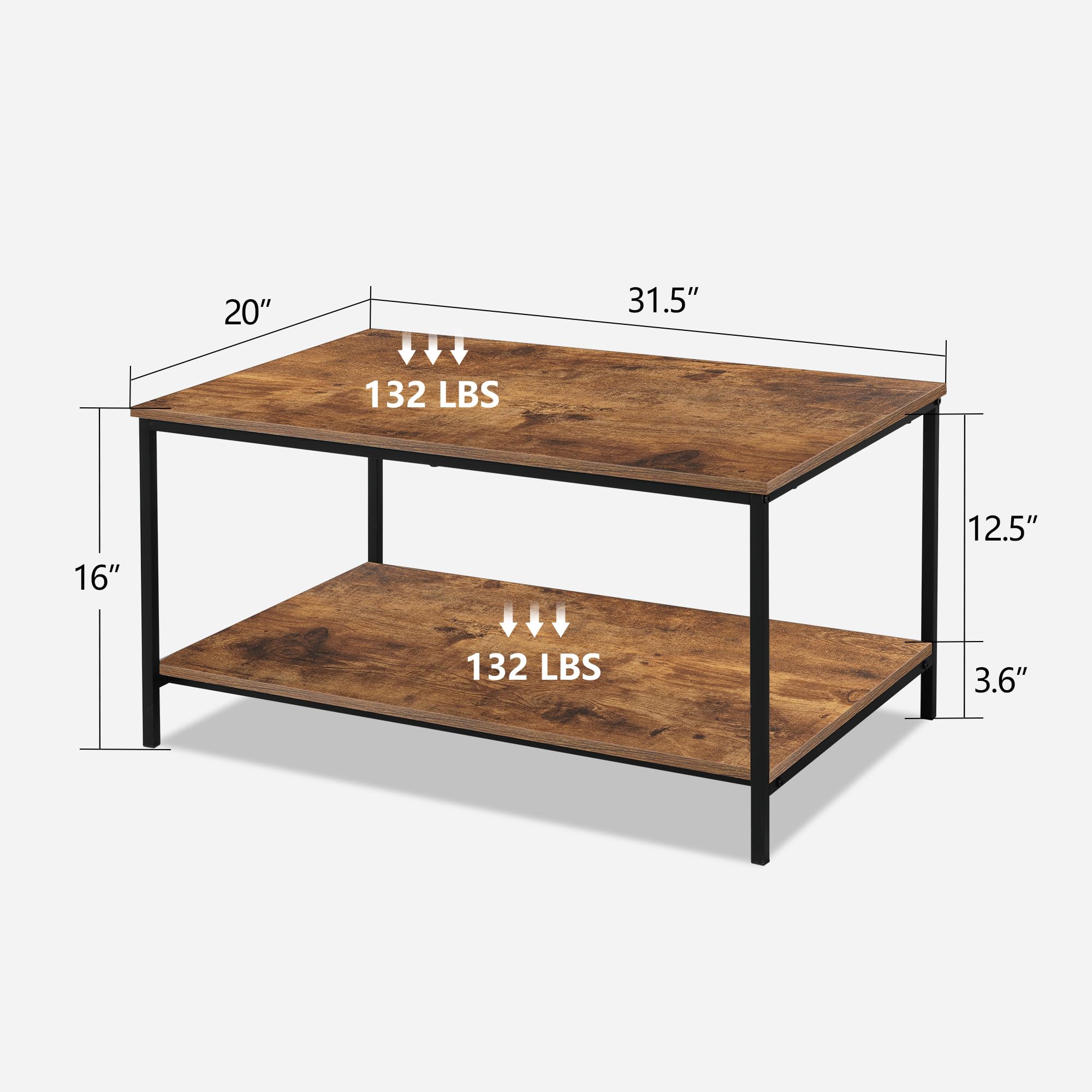 Pequeña mesa de centro rectangular marrón de madera y metal con estante de almacenamiento para salas de estar pequeñas 6