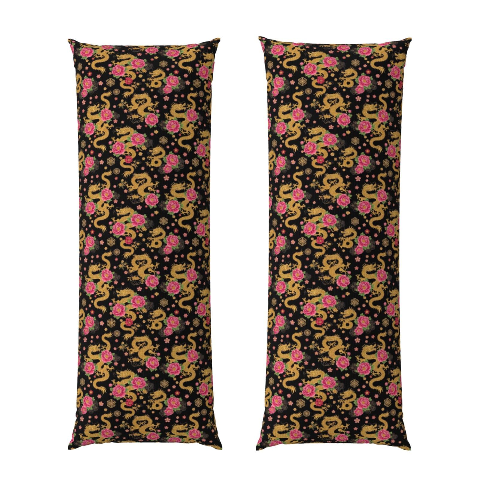 Long Pillowcase 20x60 Chinese Peonies Flroal Traditional Dragon, Body Pillow Cover with Hidden Zipper, Premium Quality Velvet, Breathable Rectangular Case for Bed Couch