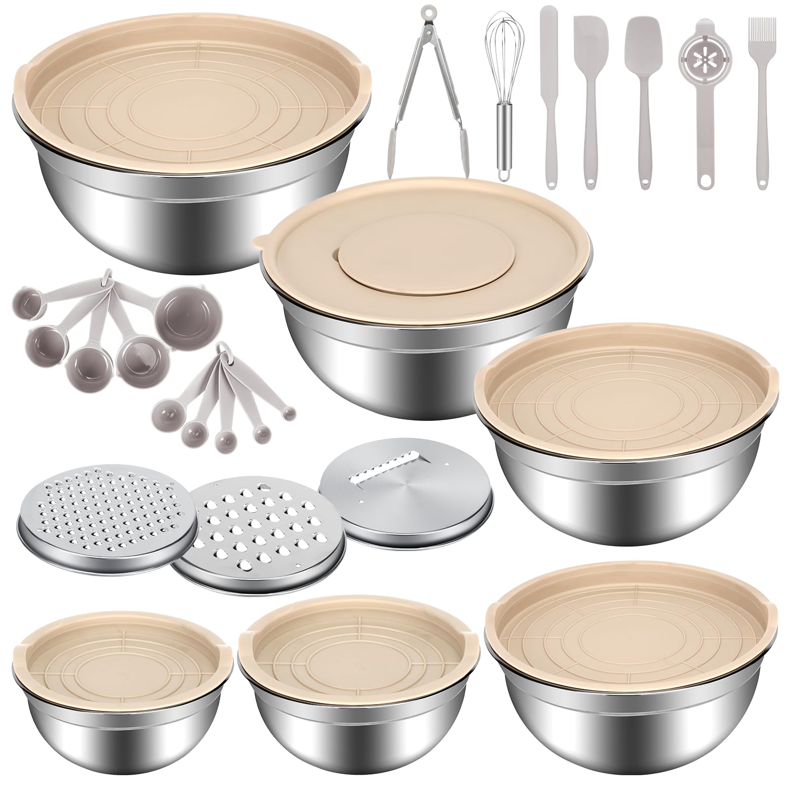 Set 6 Ciotole In Acciaio Inox Con Coperchi - Da 1.2L A 6.5L, Antiscivolo, Multifunzione Con Accessori - Foto 4