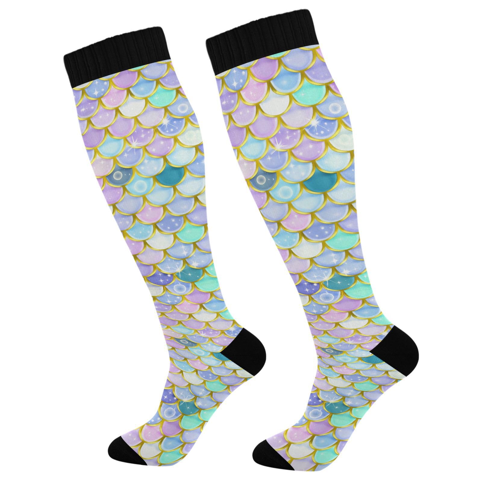 Wassud Colorful Mermaid Scales Compression Socks for Women and Men 20-30 mmHg Knee High Socks for Nurses Travel Socks 1 Pair