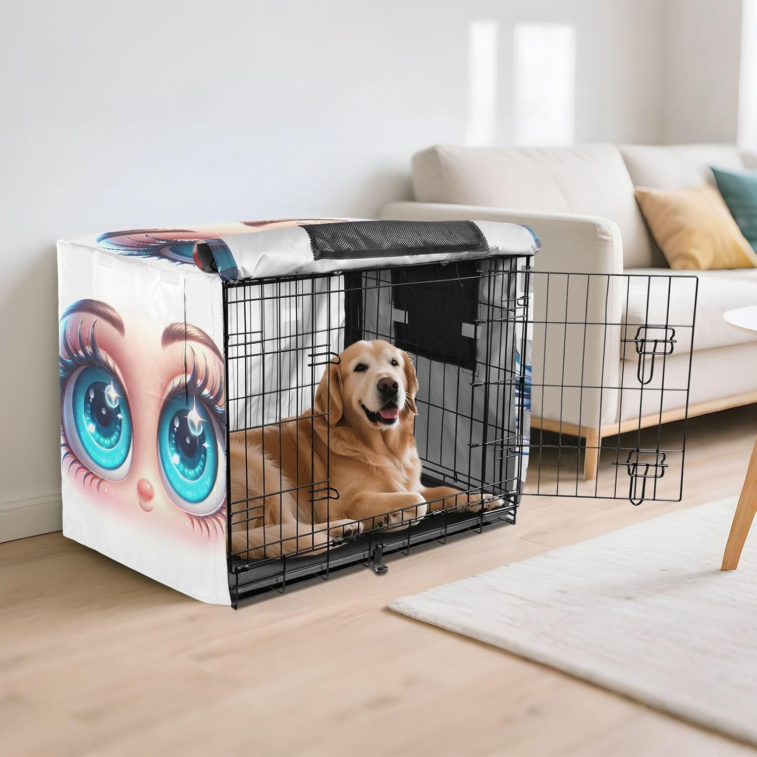 Cute Cartoon Eyes Pet Cage Cover with Openings, Washable Dog Create Cover, Large