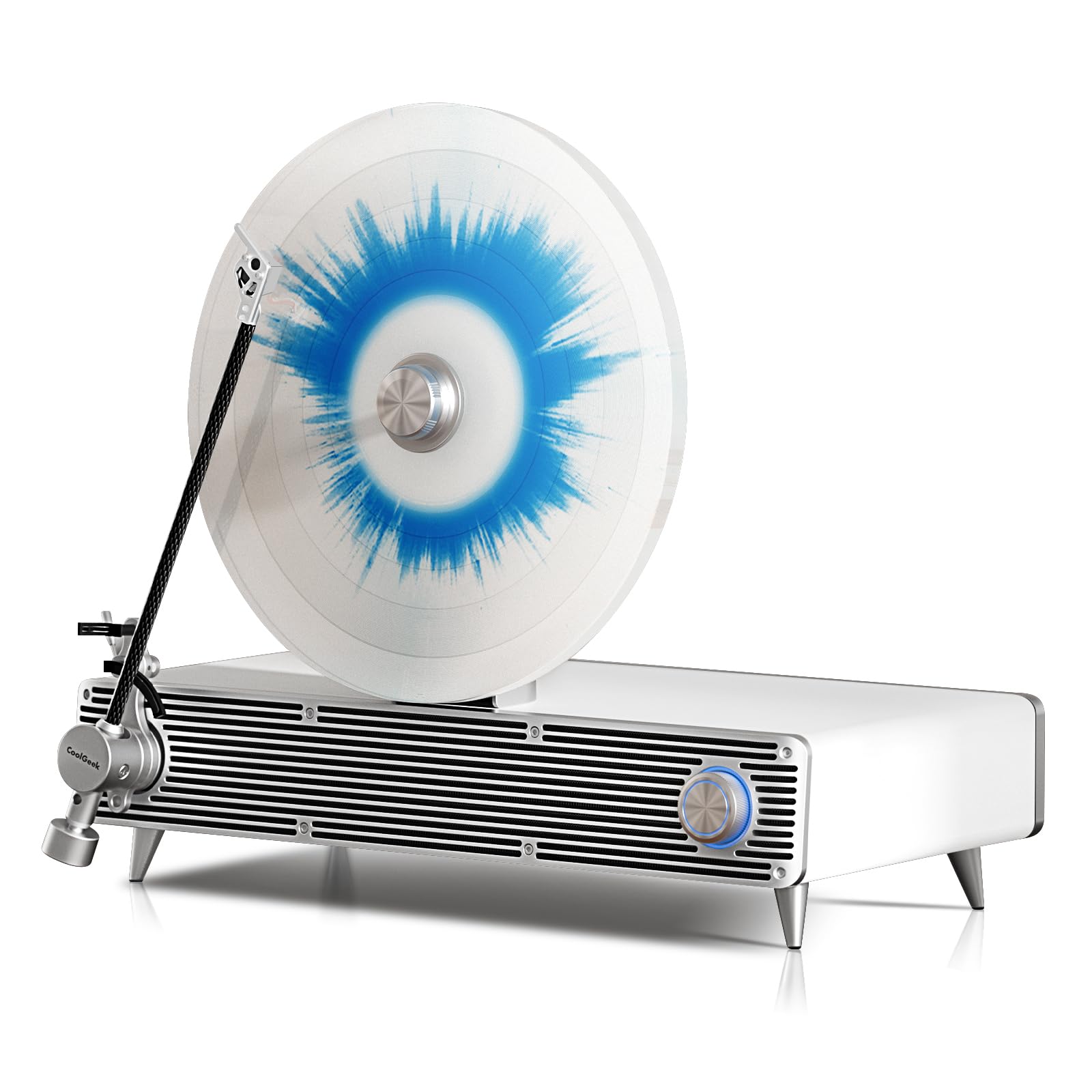 COOLGEEK Original Upright Vinyl Turntable, Record Player with Cartridge AT-3600L Stylus Head | Hybrid Mid/Treble Driver and Subwoofer | Bluetooth and Vinyl Record Player (White)