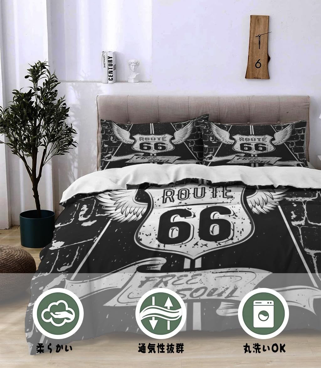 NIBAINLO 布団カバーフリーソウルルート66ハイウェイ標識 肌に優しい ピーチスキン加工 掛け布団カバー 和式 洋式 あったか 布団カバーセット リバーシブル ホームステイ ホテル 家庭兼用