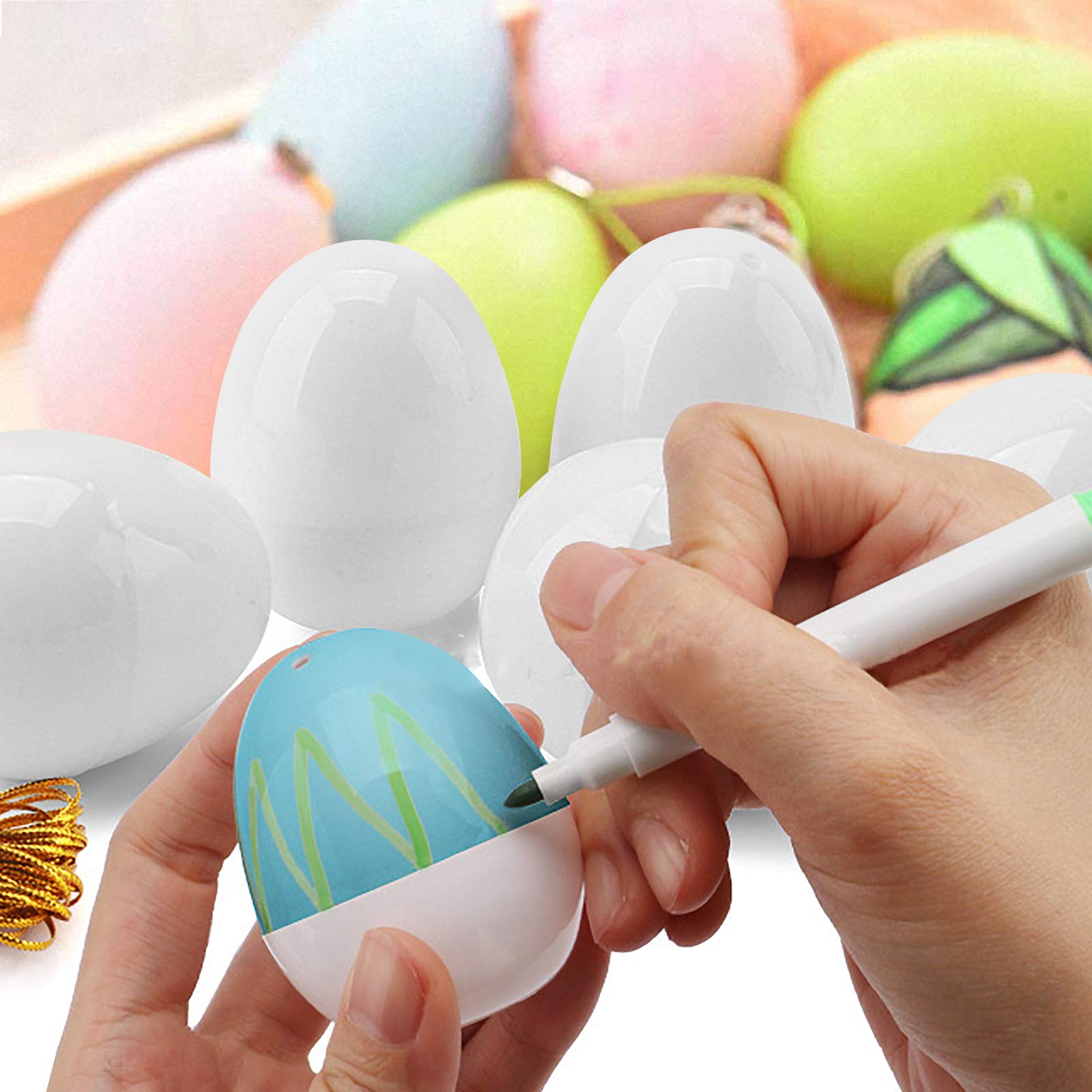 12 Uova Di Pasqua Decorative In Plastica Multicolore Con Nastri - Decorazioni Per Albero E Cestino Pasquale