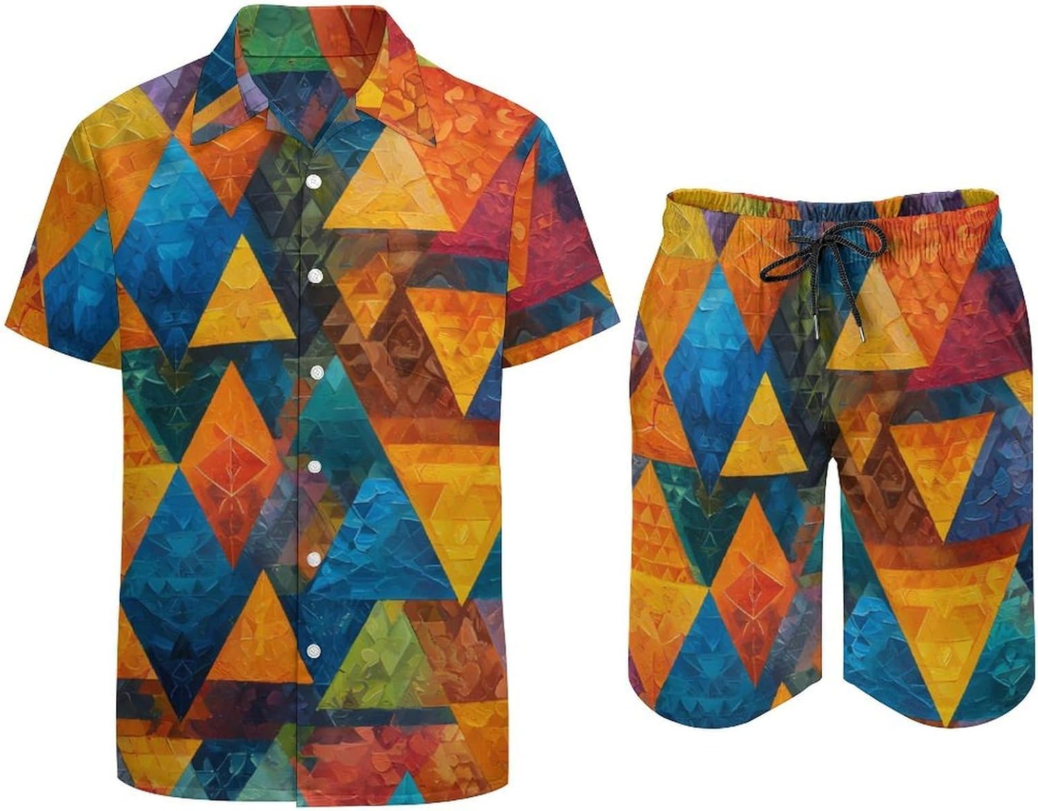 Colorful Triangles Geometry Men's Summer Beach 2 Piece Outfits | hawaiian button down shirt and shorts,vacation cruise,mens bathing suit