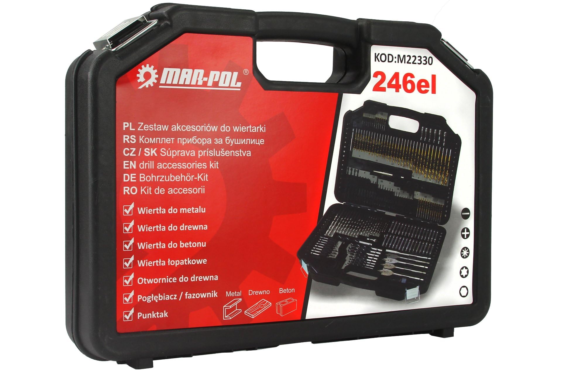 Juego de accesorios para taladro | 246 piezas | brocas para madera metal hormigón adaptadores | con maletín