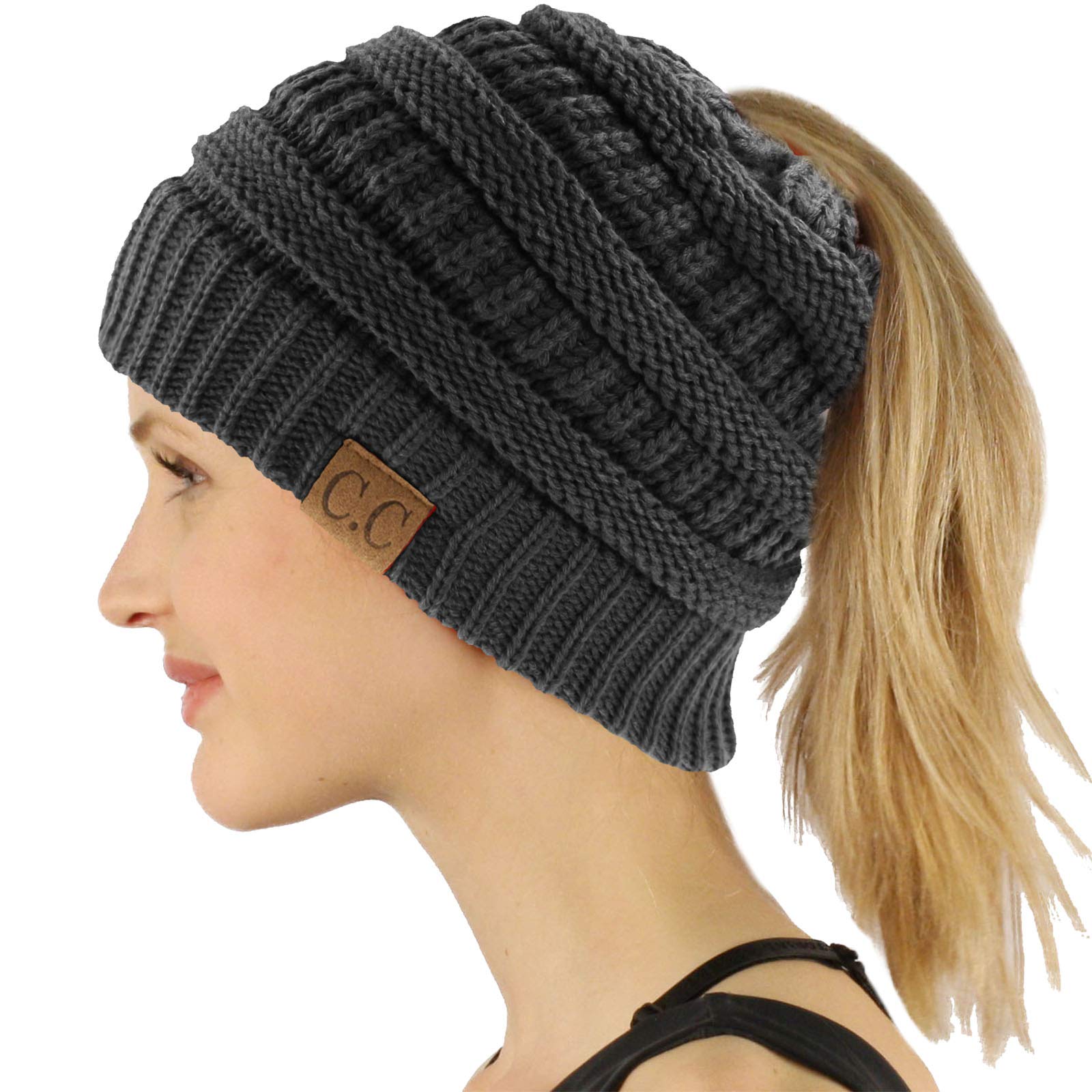 C.C Exclusives Soft Stretch Cable Knit Messy Bun Ponytail Beanie Winter Hat for Women (MB-20A)