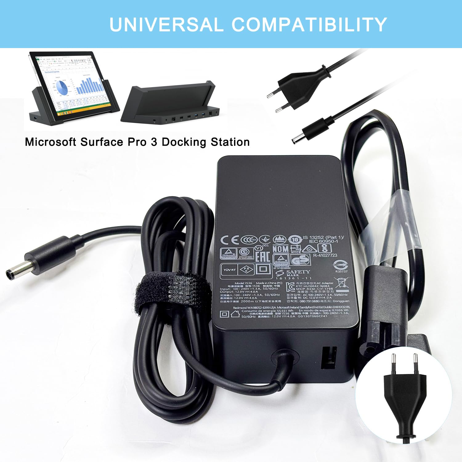 XITAIAN 53W 12V 4A 1536 Adaptador Cargador Portátil Repuesto para Microsoft Surface Pro 3 Docking Station Model 1627 1664 mit 5V 1.5A USB-Ladeanschluss (4.5mm*3.0mm)
