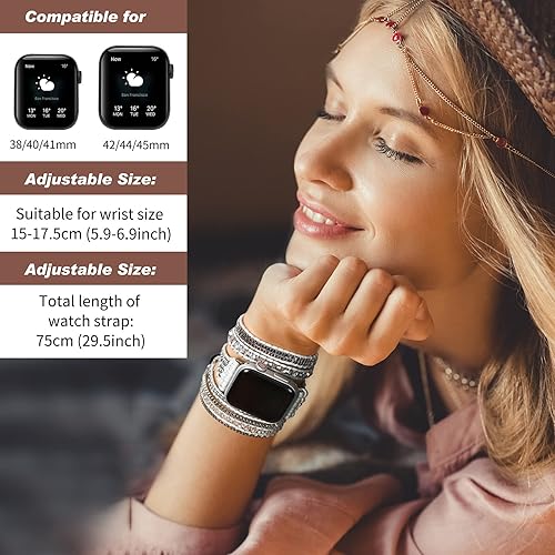 Miniatura 3 de Boho 5 Wrap Bracelet Compatible with Beaded Apple Watch Band for Women Men 42mm44mm45mm49mm, Handmade Crystal Stone Bead Watch Strap for Iwatch Band