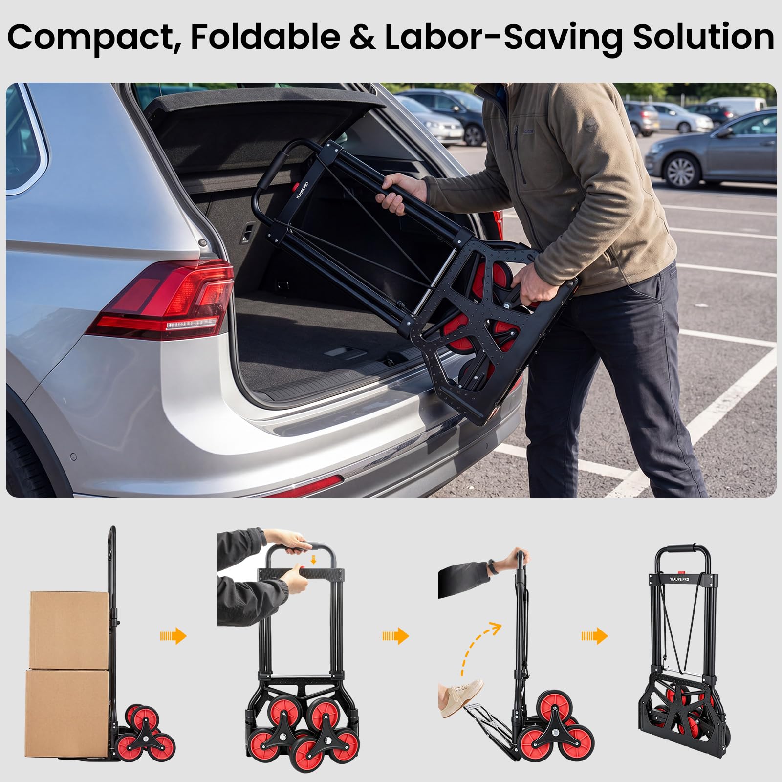 YEAUPE PRO Diable Pliable - Capacité de Charge de 70 kg - Poignée Réglable en Hauteur - avec 2 Cordes d'extension - Transport pour Monter Les escaliers - Noir - 3 Roues