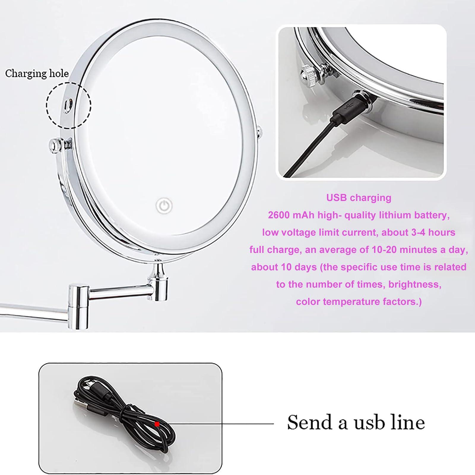 Espejo de maquillaje con luz LED, recargable, pantalla táctil, regulable, aumento 3X, diseño giratorio para baño y hotel