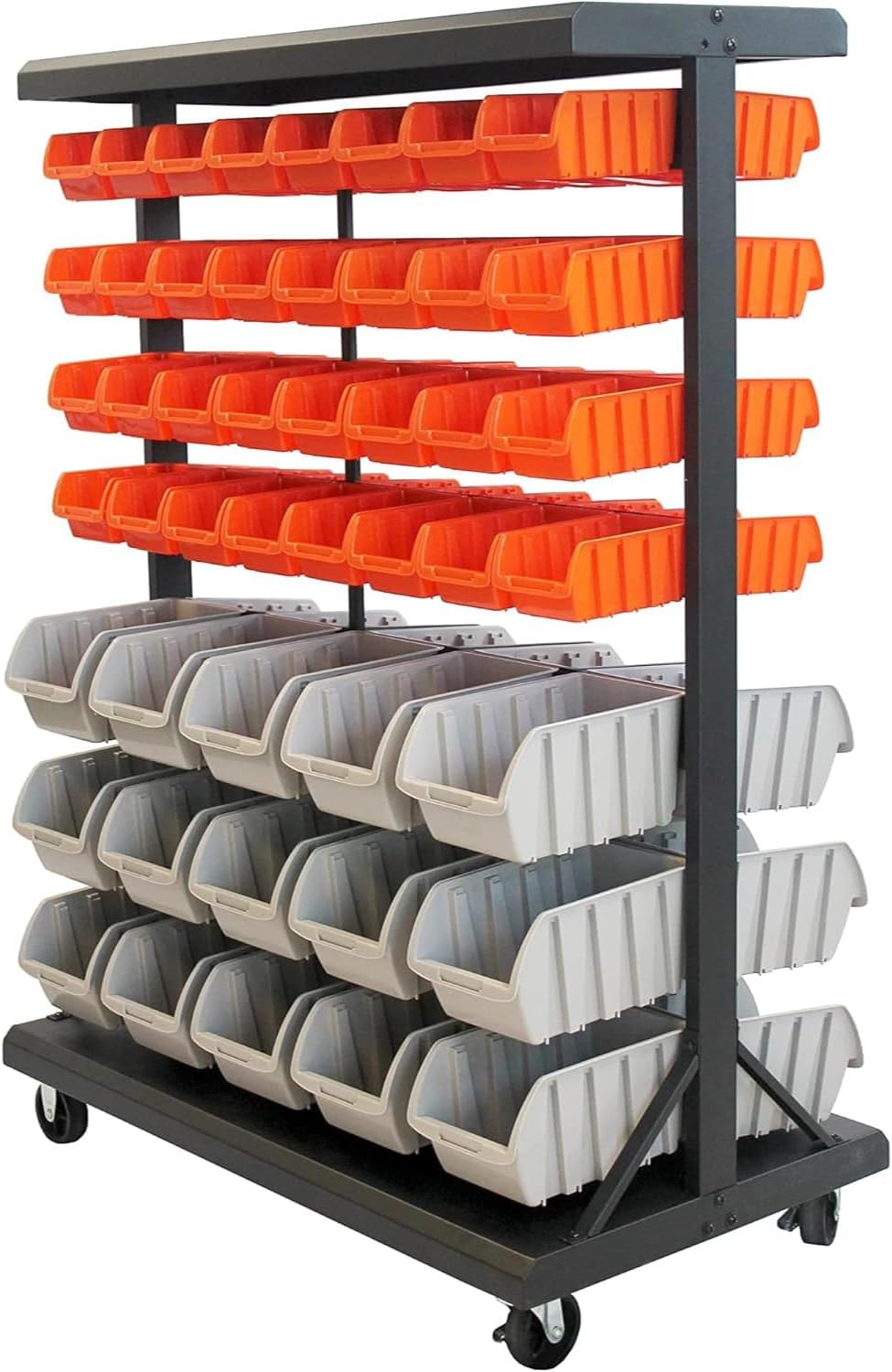 TRINITY Rolling Storage Bin Rack & Parts Organizer, 7-Tier Dual-Sided Bin Cart Shelving for Shop Storage, Nut and Bolt Organizer, Garage, Warehouse, Tools & Hardware, 330Lb Max, With Wheels, Black