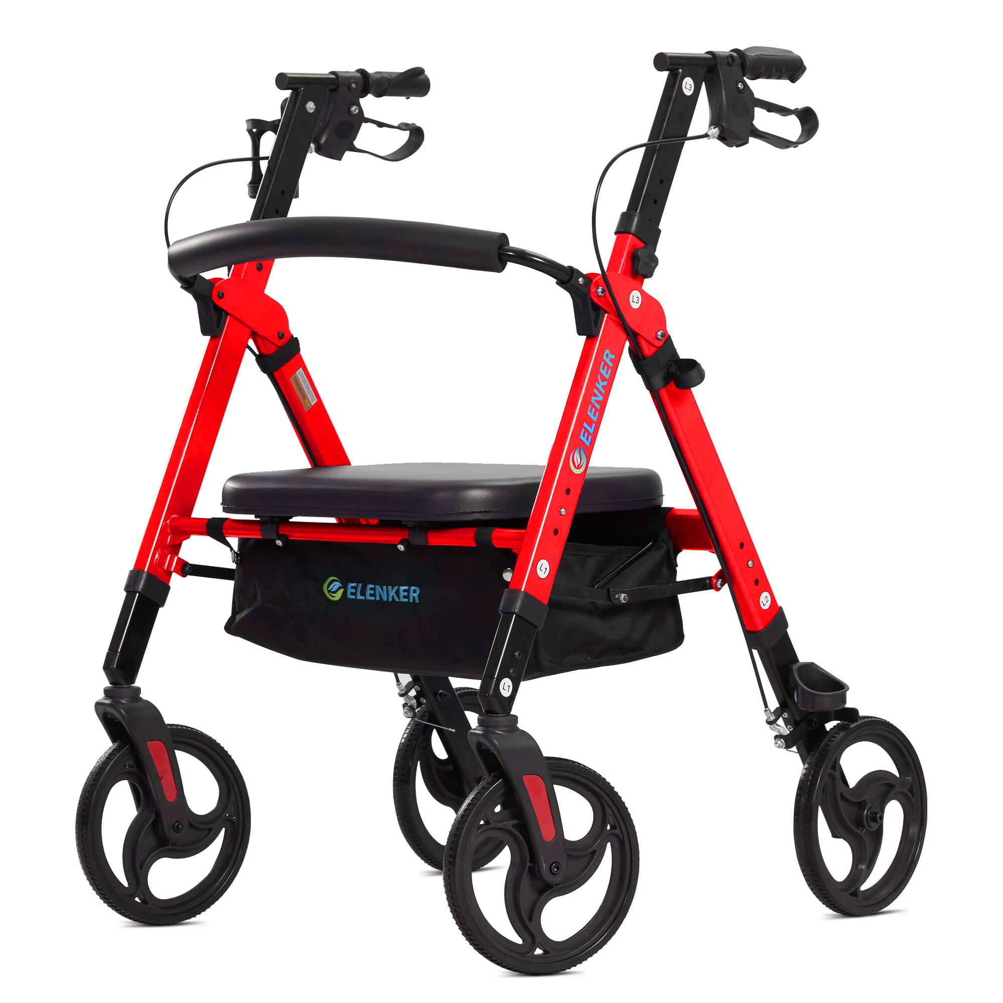 ELENKER Heavy Duty Rollator Walker with Extra Wide Padded Seat and Backrest, Aluminum Bariatric Rolling Walker, 10” Wheels, Support up to 500lbs for Seniors, Red