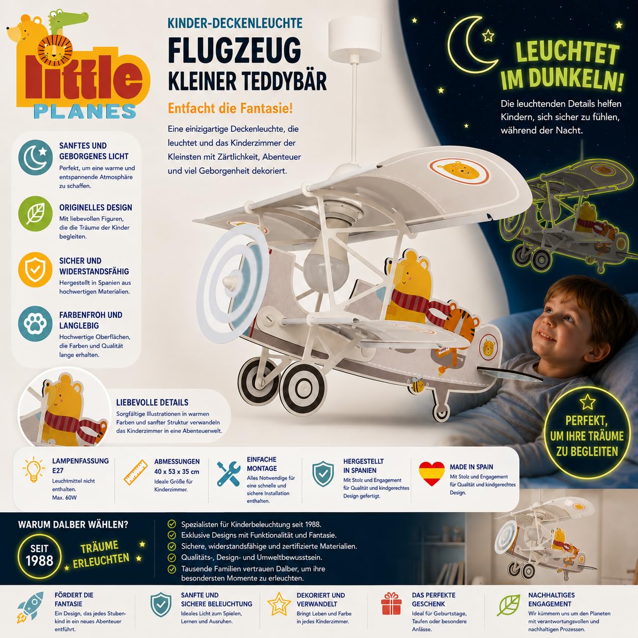 Dalber Kinder Pendelleuchte Flugzeug Teddy 54522 | Hängelampe; Deckenleuchte; Kinderzimmer; E27 - 1 x 15W