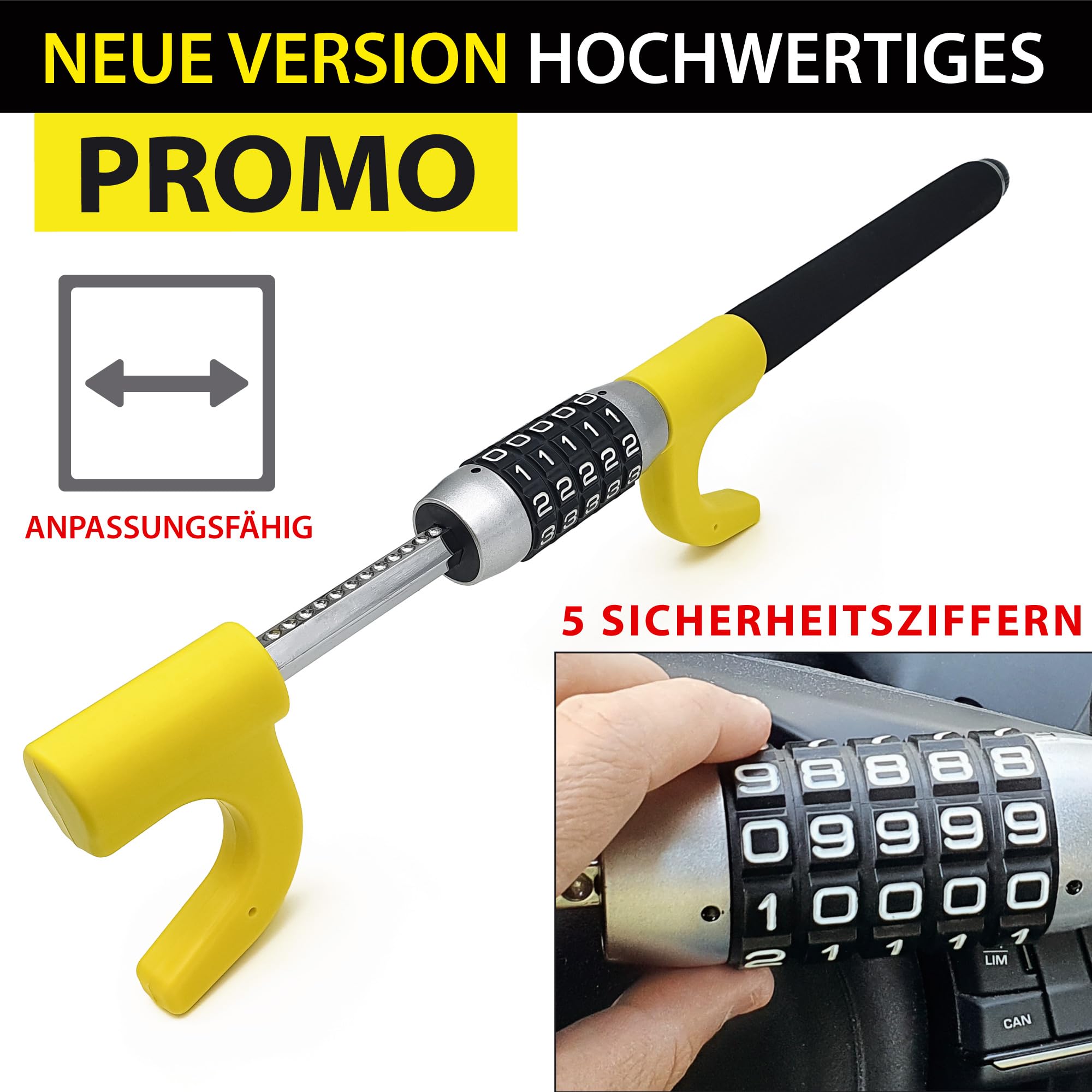 KRASER KR940B Lenkradkralle mit Zahlenschloss Maximale Sicherheit, Robust Lenkradschloss mit Nothammer, Lenkradsperre Wohnmobil, Universal Wegfahrsperre Diebstahlsicherung für Auto PKW