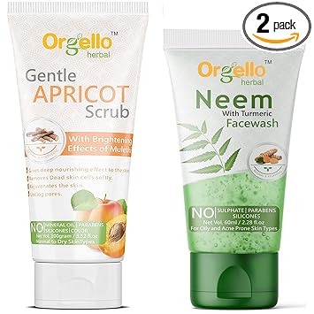 Orgello Apricot Scrub For Face And Body 1 X 100 gm | Neem And Turmeric Face Wash 1 X 60 ml | Face Body Scrub | Neem Face Wash | Men Women Girls Boys | Pack of 2