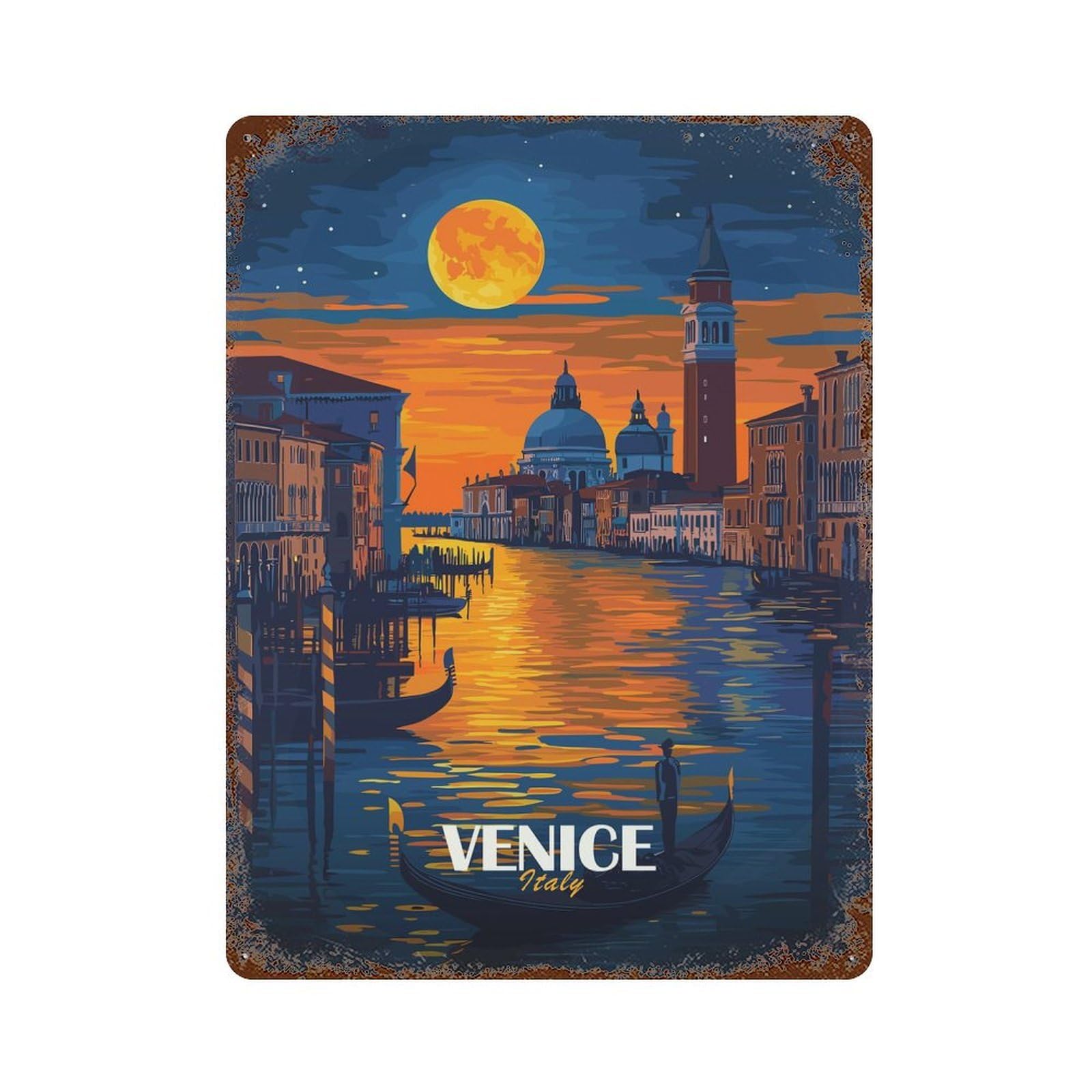 Venice Italy Night Scene Weathered Tin Sign 15.7"x11.8", Ideal for Basement, Hobby Room And Garage Decor