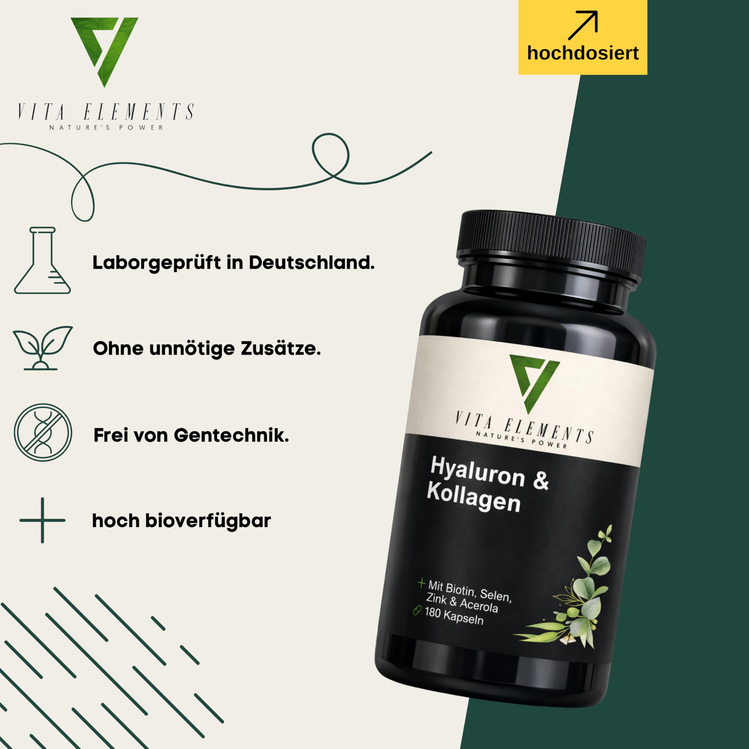 Vita Elements Complejo de Ácido Hialurónico y Colágeno - 180 Cápsulas - Enriquecido con Biotina, Selenio, Zinc, Vitamina C y Extracto de Bambú - Suministro para 3 Meses - Probado en Laboratorio (5)