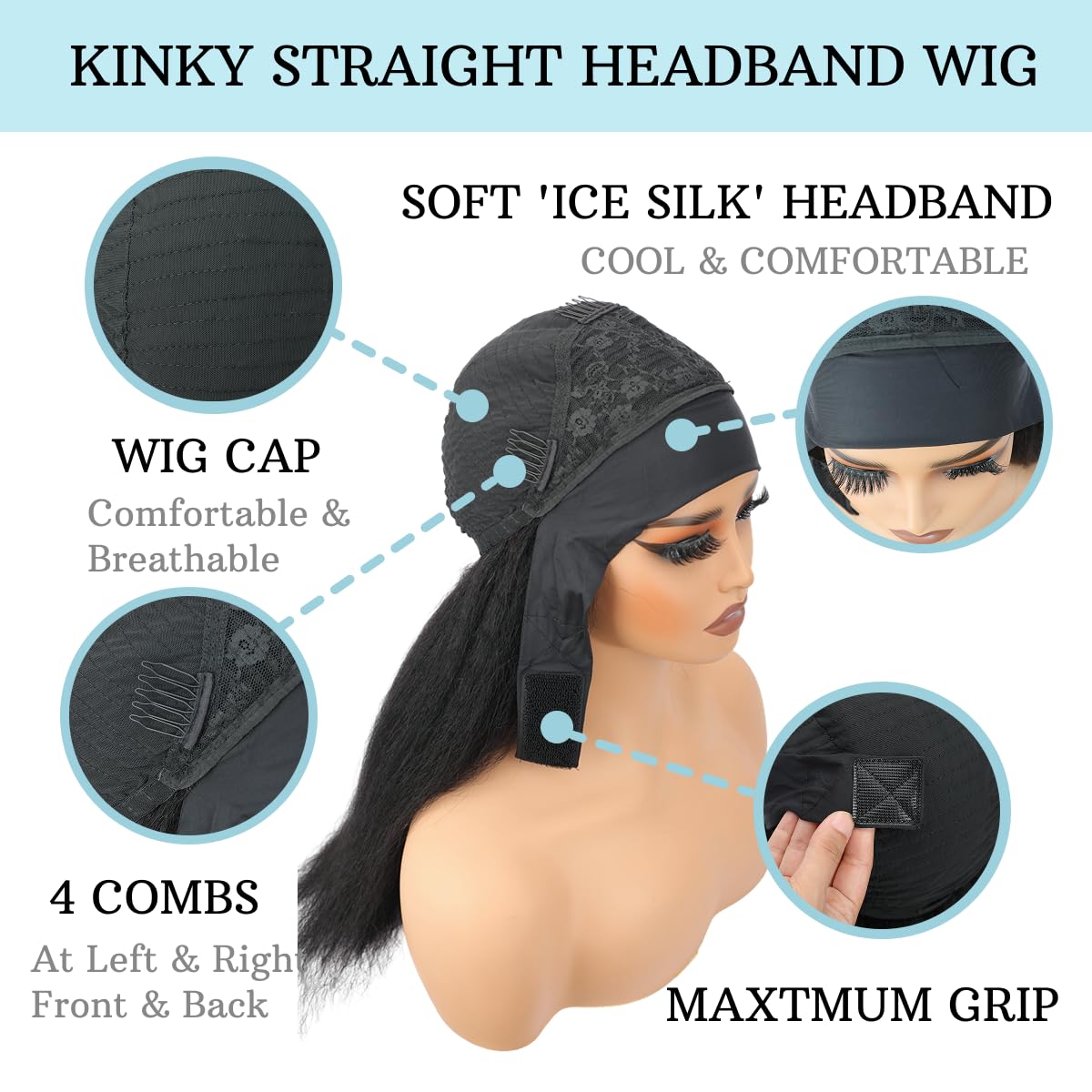 Headband Wig Human Hair 22 Inch Kinky Straight Headband Wigs for Black Women Yaki Straight Glueless Human Hair Machine Made None Lace Front Wigs Natural Black color