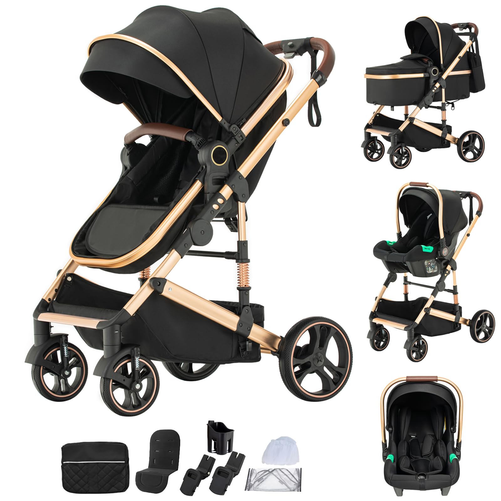 Kinderwagen 3 in 1 Komplettset Baby Kombikinderwagen bis 22kg, Zusammenklappbar, Große Gummireifen, H9 BLACK