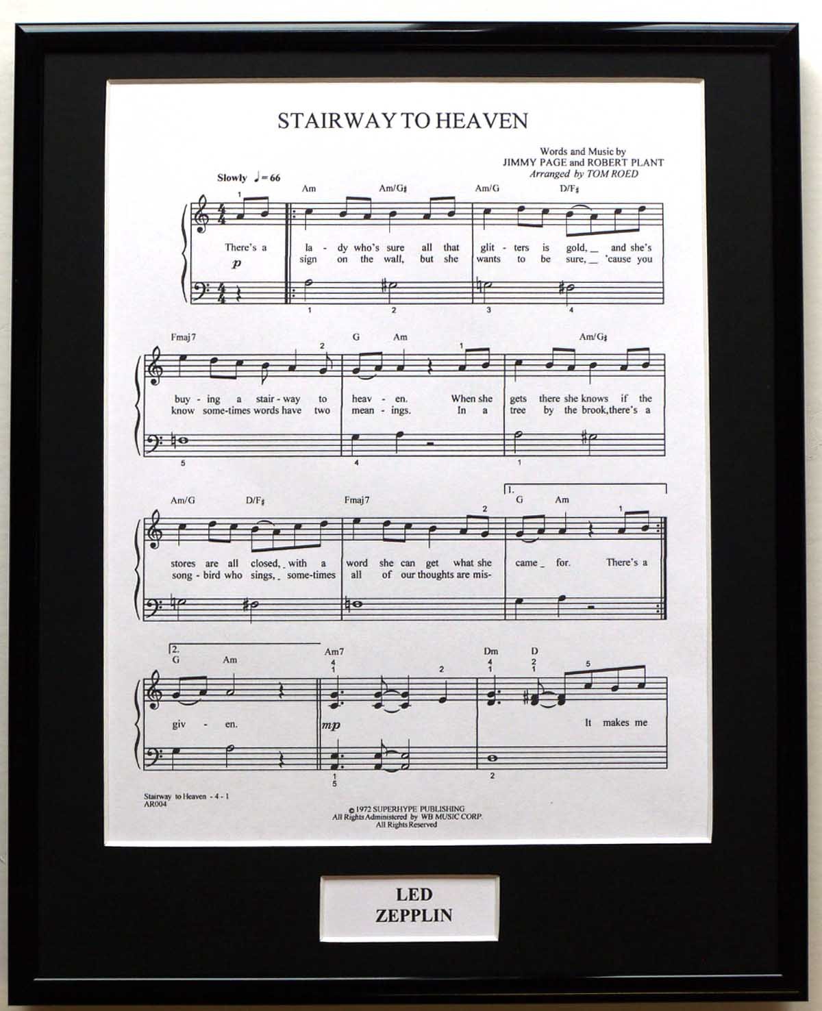 Ec Framed Songhseet Led Zeppelin/Framed Songsheet/Stairway To Heaven (Can Be Personalised)
