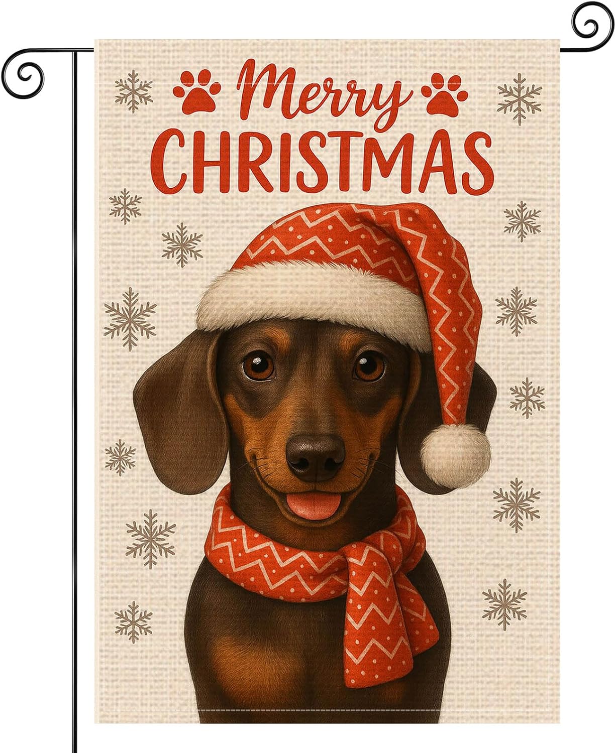 Merry Christmas Dachshund Garden Flag Double Sided 12x18 Inch Burlap Dog Garden Flag Red Hat Scarf Seasonal Banner for Indoor and Outdoor Decoration Yard Lawn Decor