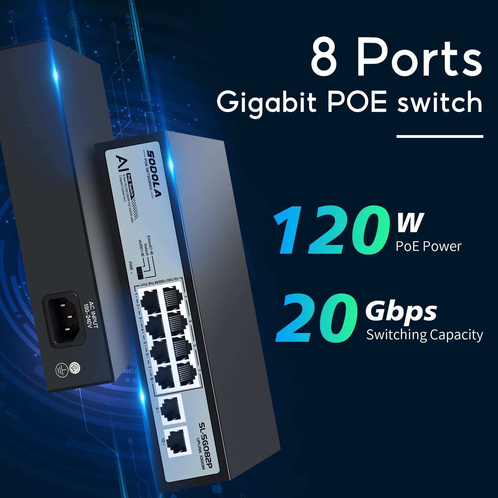 SODOLA Commutateur PoE Gigabit 8 ports, 2 liaisons montantes Gigabit, alimentation intégrée 120 W 48 V, 802.3af/at, commutateur réseau PoE non géré Plug & Play