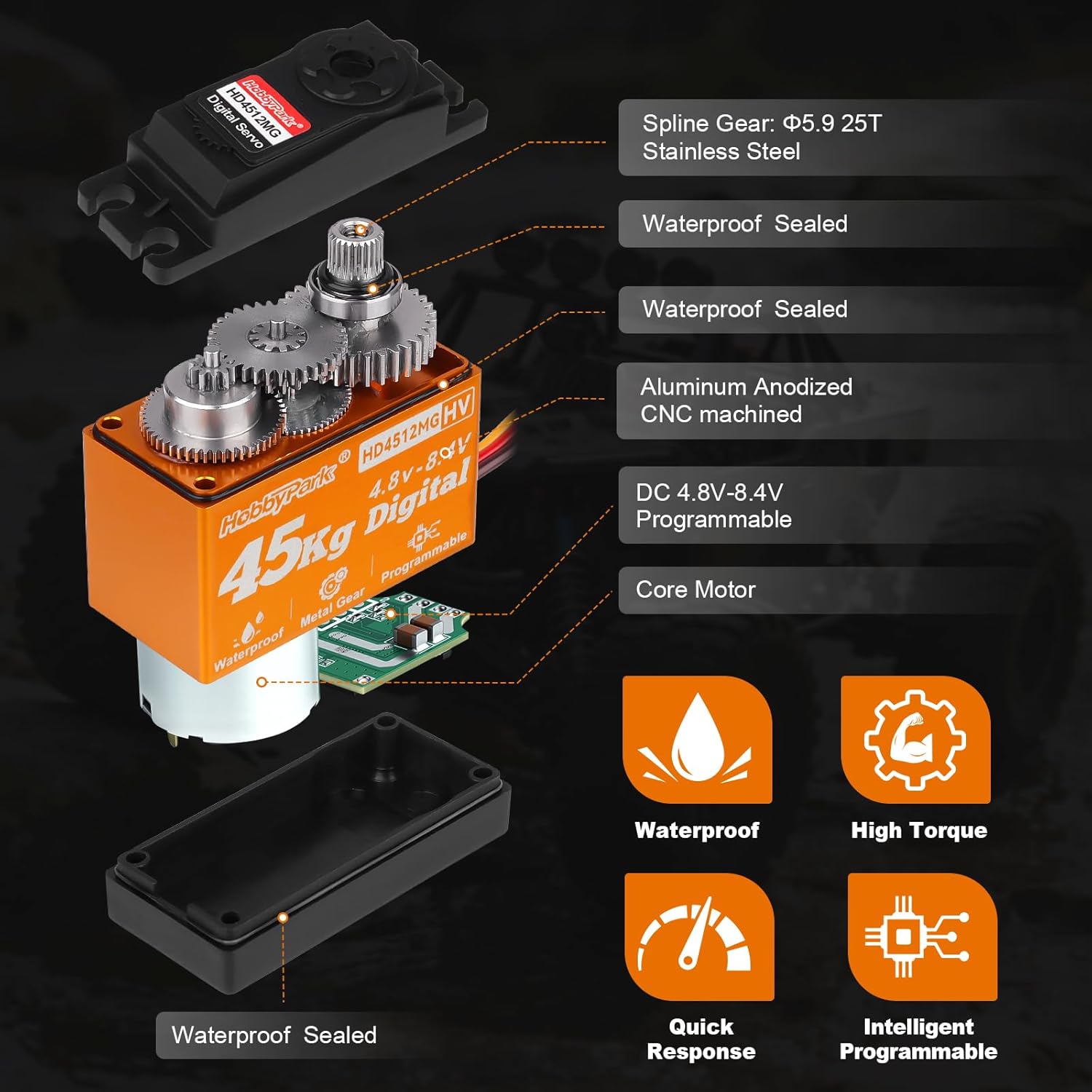 HobbyPark Waterproof High Torque RC Steering Servo 45kg Standard Size HV All Metal Gears 4.8-8.4V for RC Crawler Car Truck Buggy Control Angle 180° Robotic Programmable