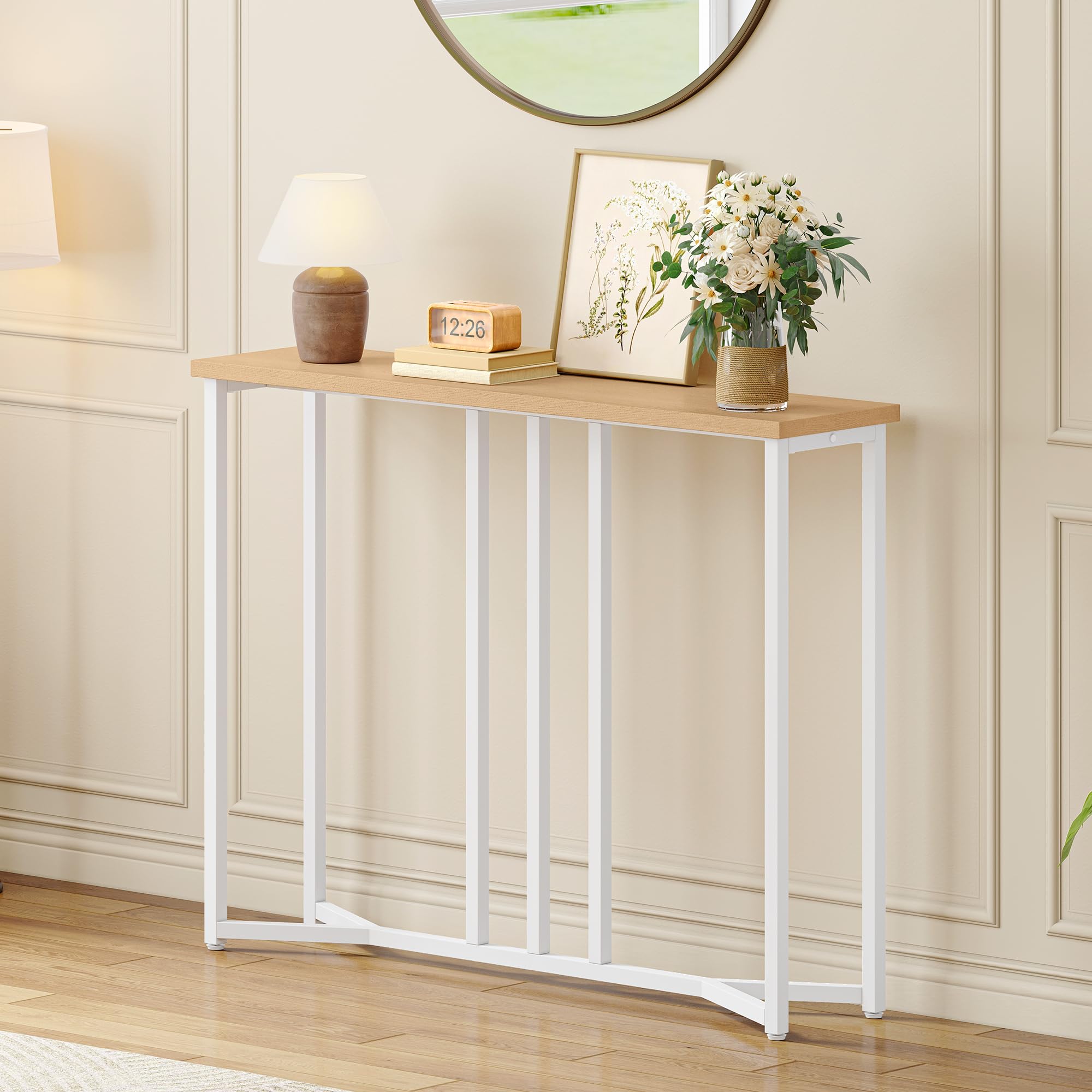 YITAHOME Console Table, 80CM Slim Console Table for Hallway, Metal Frame, Compact Display Table, Sofa Table for Small Spaces, Entryway, Living Room, Sturdy, Natural Wood Color and White