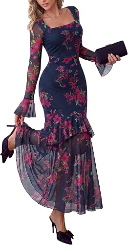 PRETTYGARDEN Womens Floral Long Sleeve Dress A Line Mesh Fall Maxi Dresses