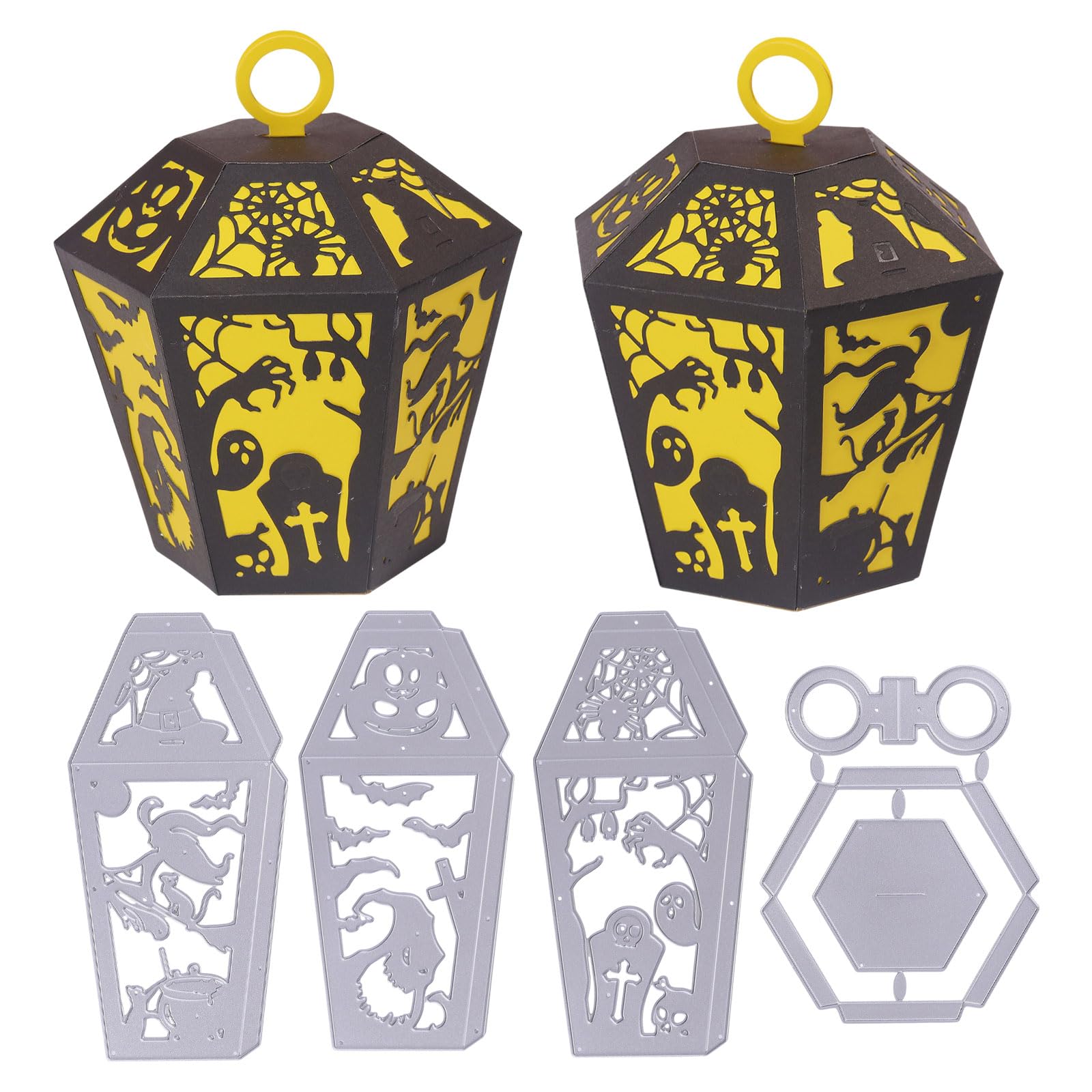 GLOBLELAND 3D Halloween Lantern Frame Cutting Dies for Card Making Witch Spider Bat Black Cat Metal Die Cuts Tombstone Pumpkin Cutting Dies Templates for Scrapbooking Journal Paper Craft Decor
