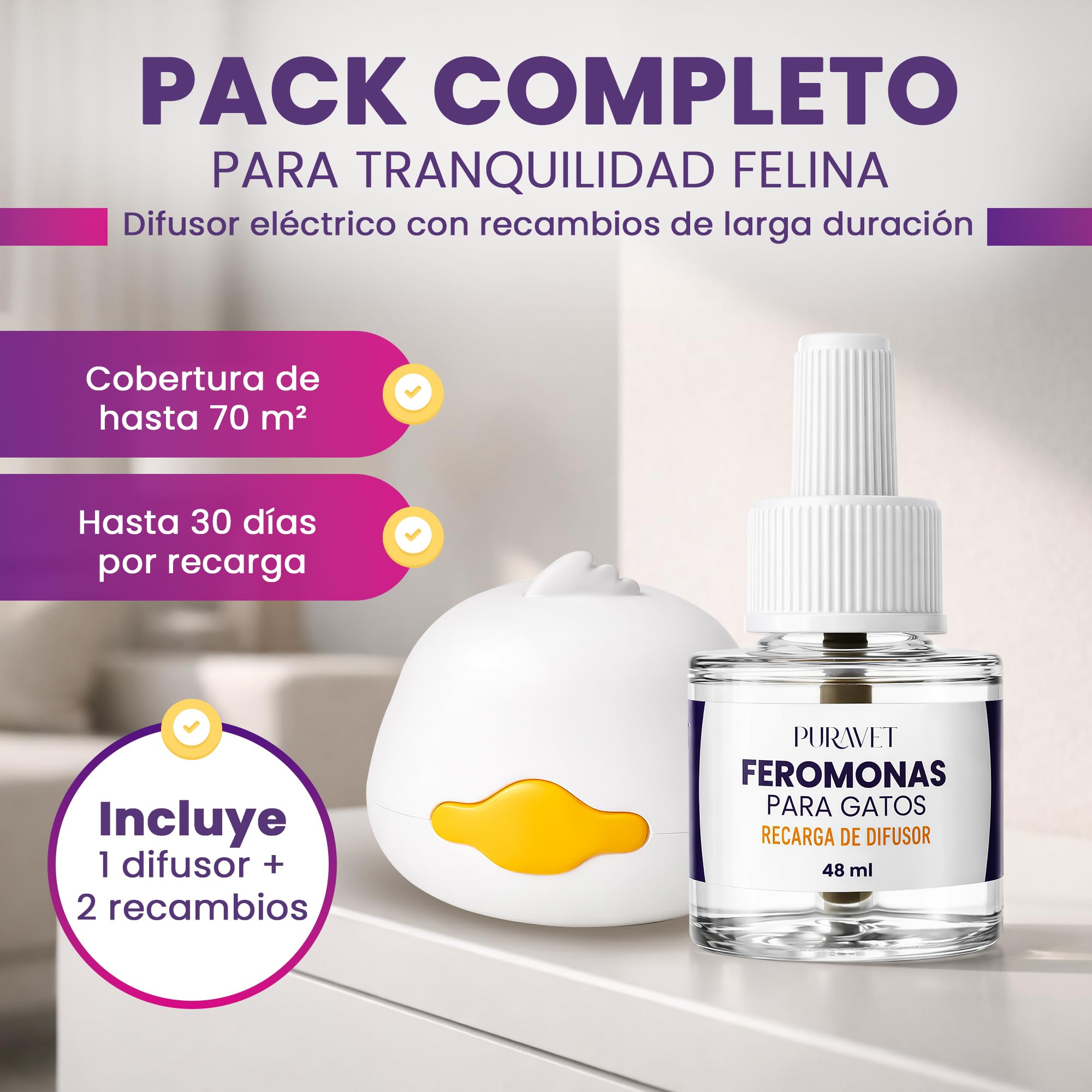 Feromonas para Gatos - Difusor + 2 Recambios de Feromonas Calmantes para Gatos (60 días, 48 ​​ml) - Ayuda a Reducir el estrés del Gato, Arañazos, Miedos, Cambios, Marcaje con Orina.