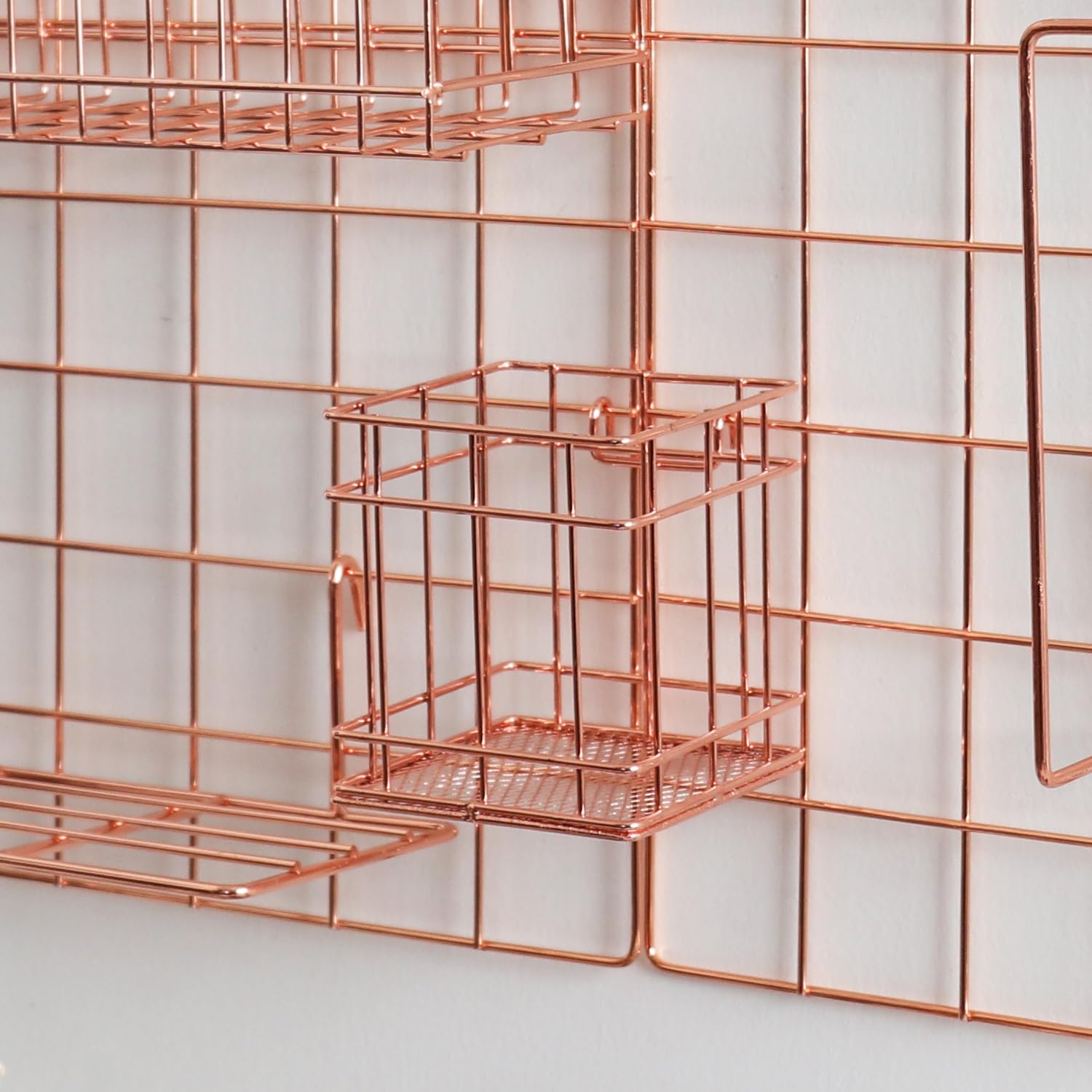 5 Paniers Muraux En Maille Métallique Dorée – Organisateur Pour Grille Murale, Bureau, Cuisine, Salon
