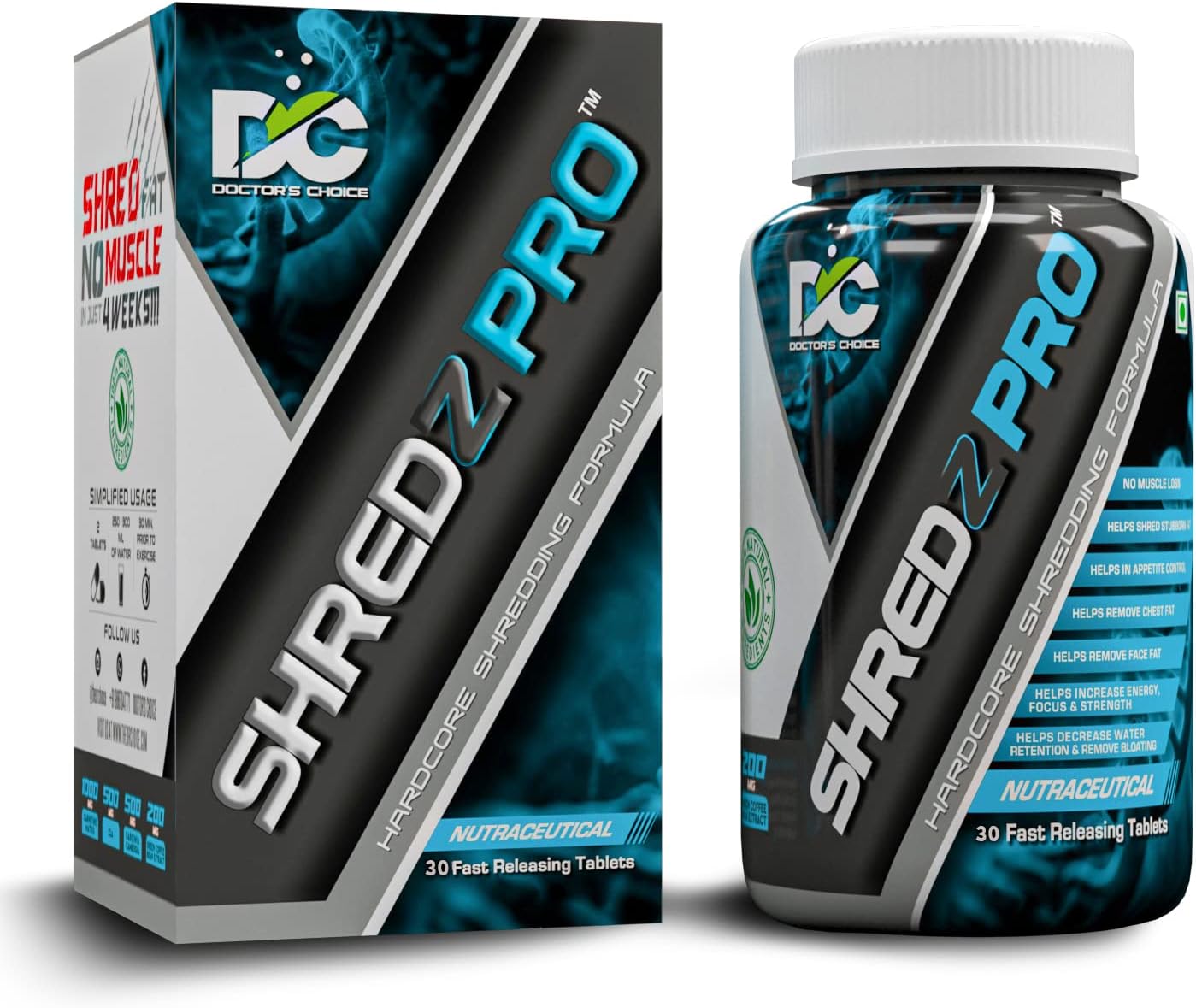DC DOCTORS CHOICE Shredz Pro Formula with 500mg Acetyl-L-Carnitine CLA Green Coffee Bean Extract Garcinia Cambogia (30 Tablets)