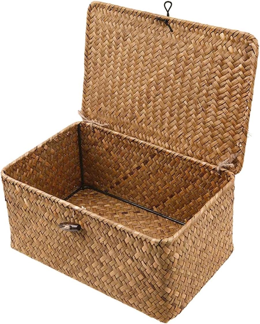 Esoes Wicker Storage Basket Woven Rattan Storage Box With Lids Seagrass Laundry Baskets Makeup Organizer For Bathroom, Living Room, Kitchen (XL)