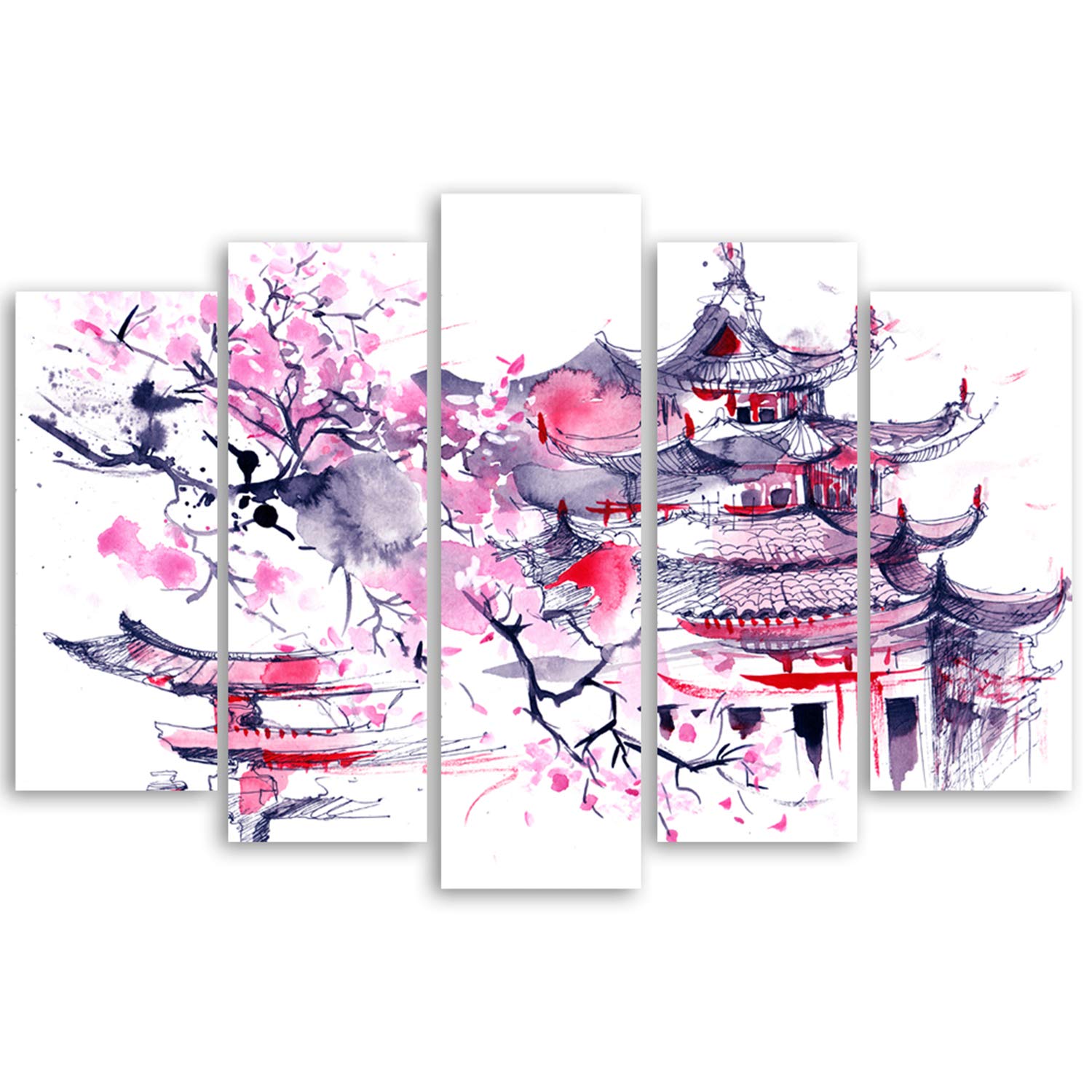 Feeby Bilder Japanischer Kirschbaum 100x70 cm - 5 Teile Modern Wand Bild Wandbilder Kunstdruck Bild auf Leinwand Wandekoration Design Wohnzimmer Schlafzimmer Büro Flur Natur Abstrakt Lila