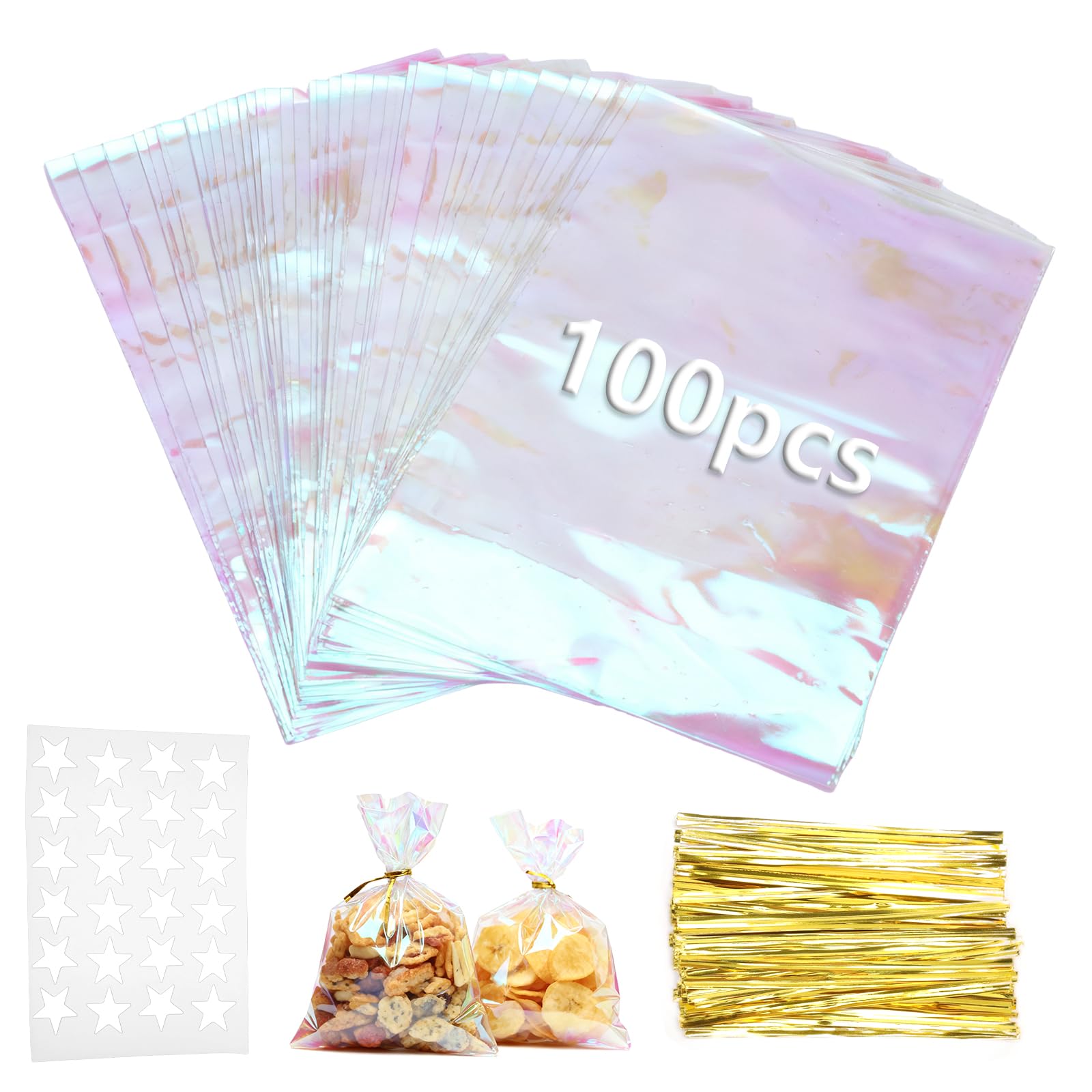 Clear Cellophane Gift Bags 100pcs, Colourful OPP Treat Bags with Gold Twist Ties & Star Stickers Ideal Sweet Bags Wrapping Resealable for Party Favours Weddings Birthdays DIY Crafts (15x23cm)