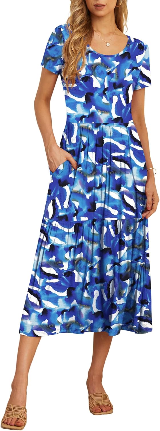 GRECERELLE Women's Summer Casual Short Sleeve Crewneck Tiered Flowy Maxi Long Dress with Pockets (S-2XL) Small Blue Ink White