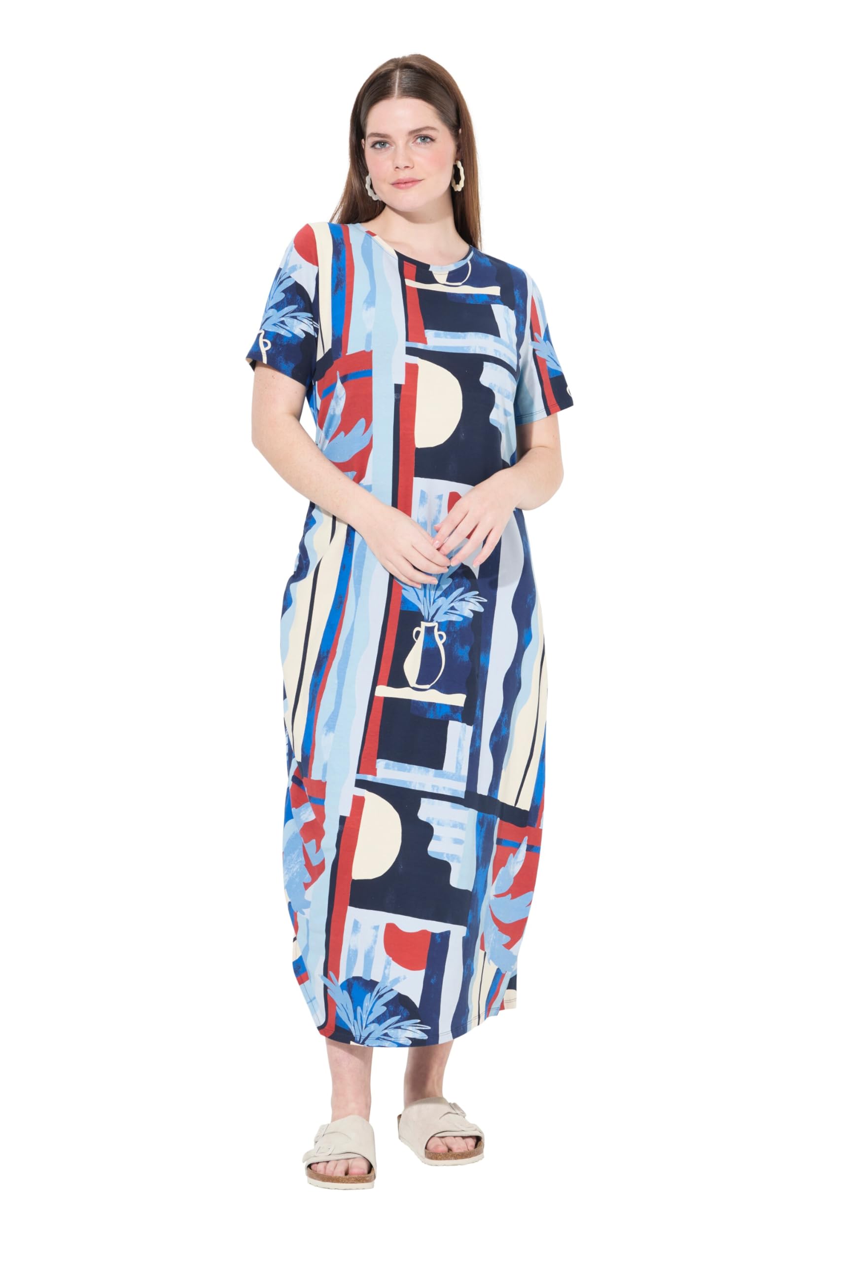 Ulla Popken Damen große Größen Übergrößen Plus Size Maxikleid, Vasen, Rundhals, Halbarm, Biobaumwolle 837950