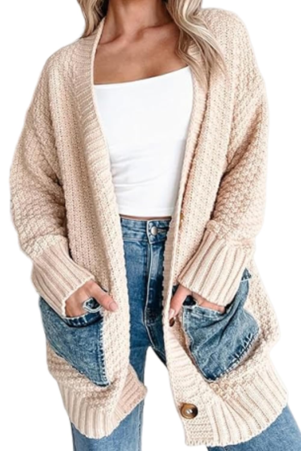 SELINK Womens Casual Open Front Cardigan Sweater Knitted Denim Pocket Patchwork Solid Long Sleeve Daily Outwear