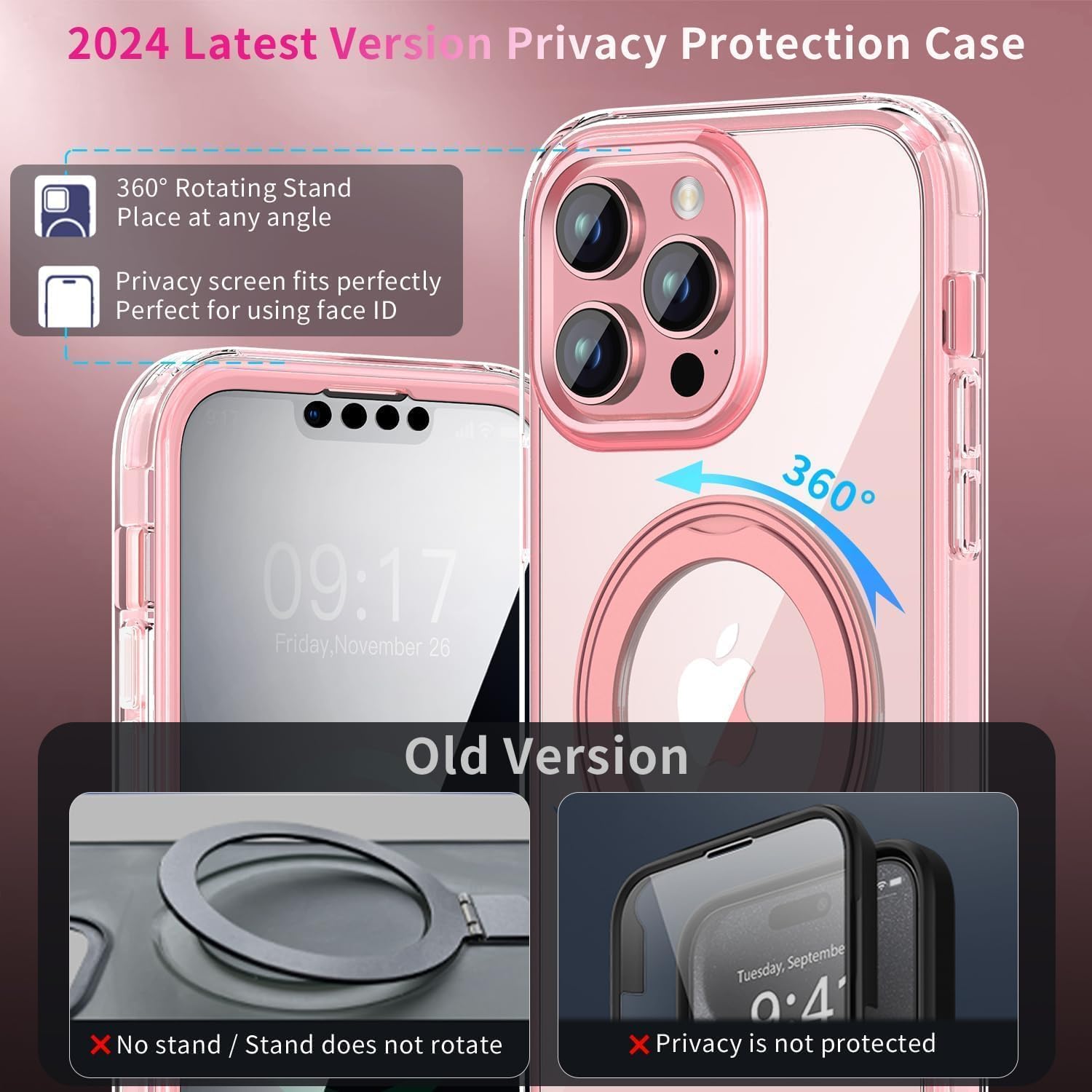 Privacy Case for i-Phone 14 Pro Max with 360°Stand [Built-in Anti Peeping Screen Protector] [Compatible with Mag&Safe] [Magnetic Ring ] Full Body Protective Phone Cover 6.7", Pink