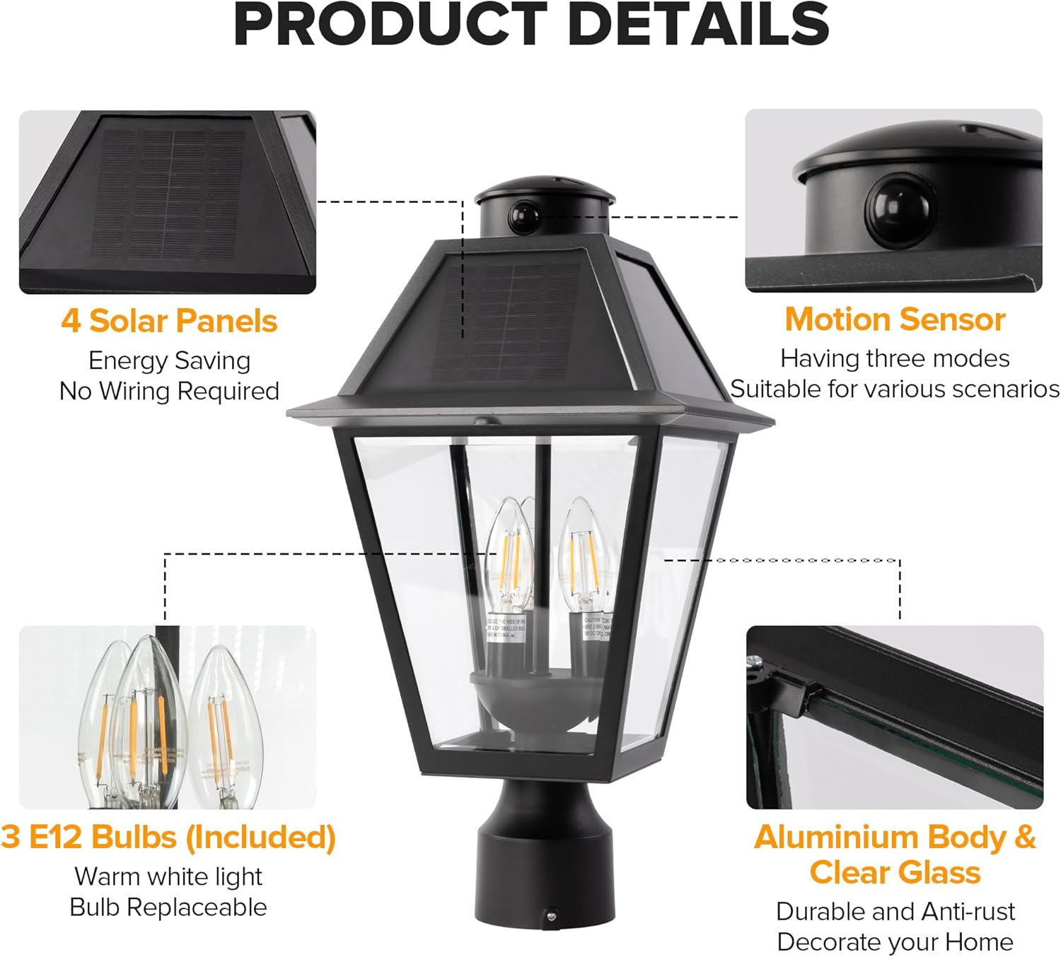 LUTEC Outdoor Solar Lamp Post Light with Motion Sensor, Dusk to Dawn Waterproof Pole Light Head with Three Modes, Exterior Black Solar Powered Fence Post Light Fixtures for Outside LUTEC Outdoor Solar Lamp Post Light with Motion Sensor, Dusk to Dawn Waterproof Pole Light Head with Three Modes, Exterior Black Solar Powered Fence Post Light Fixtures for Outside