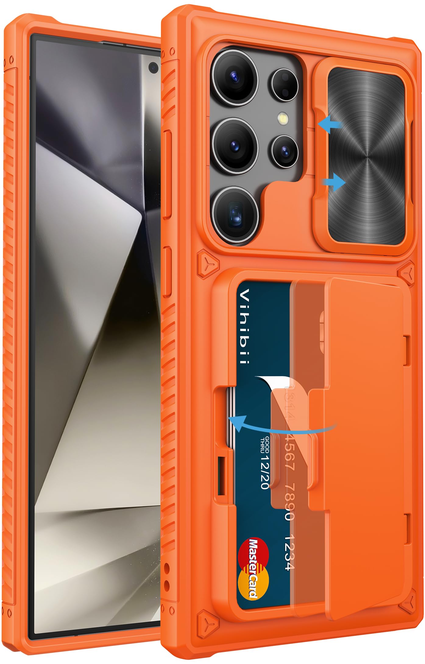 Vihibii for Samsung Galaxy S24 Ultra Case with Card Holder (4 Cards) & Slide Camera Cover & Kickstand, Shockproof Rugged Hard Back & TPU Soft Edge Wallet Case for Galaxy S24 Ultra (Orange)