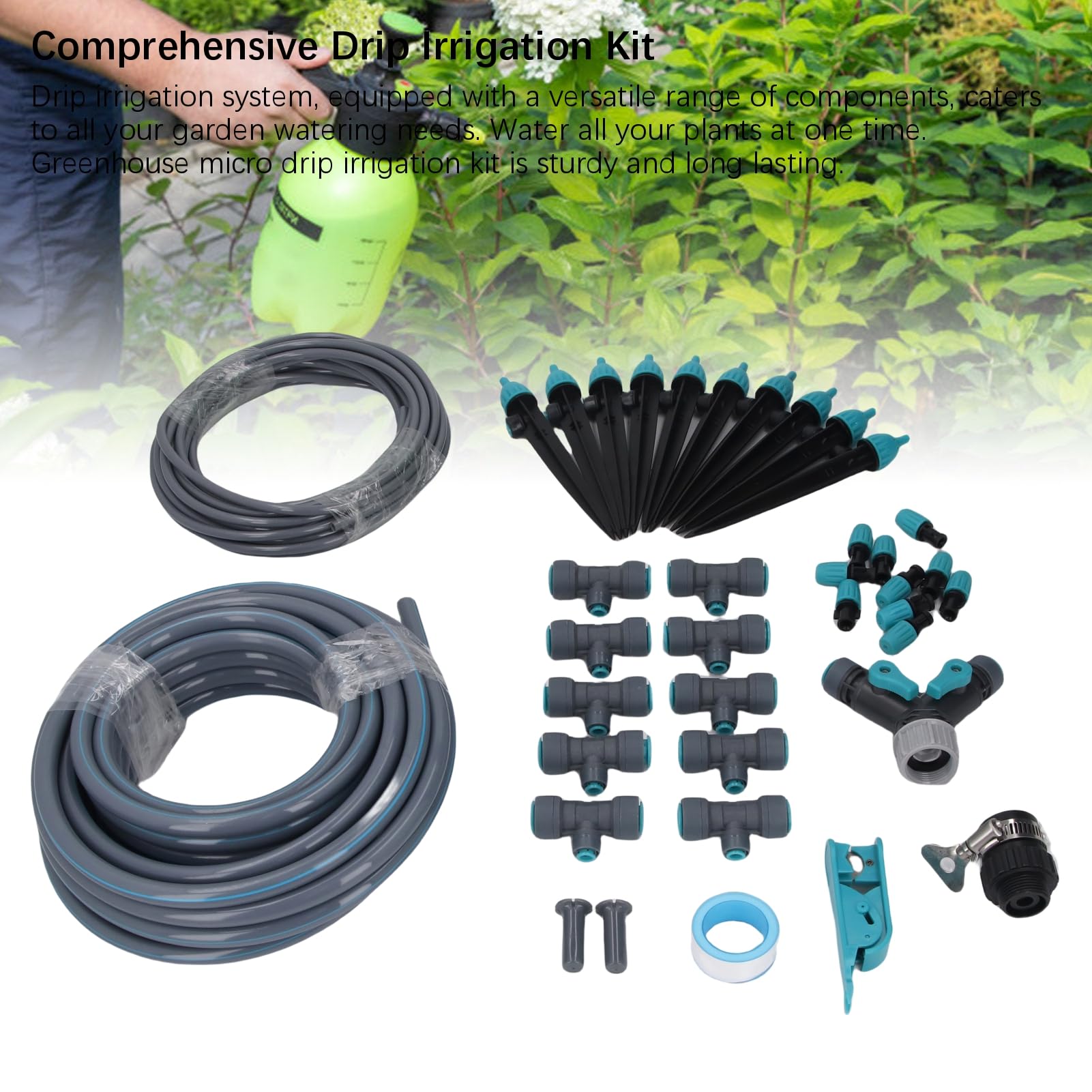 Kit di irrigazione automatico per giardino e serra, irrigazione a goccia da 10 m con 3 modalità, ugelli e gocciolatori regolabili, tubo in PVC PE da 12 mm 6 mm, per prato