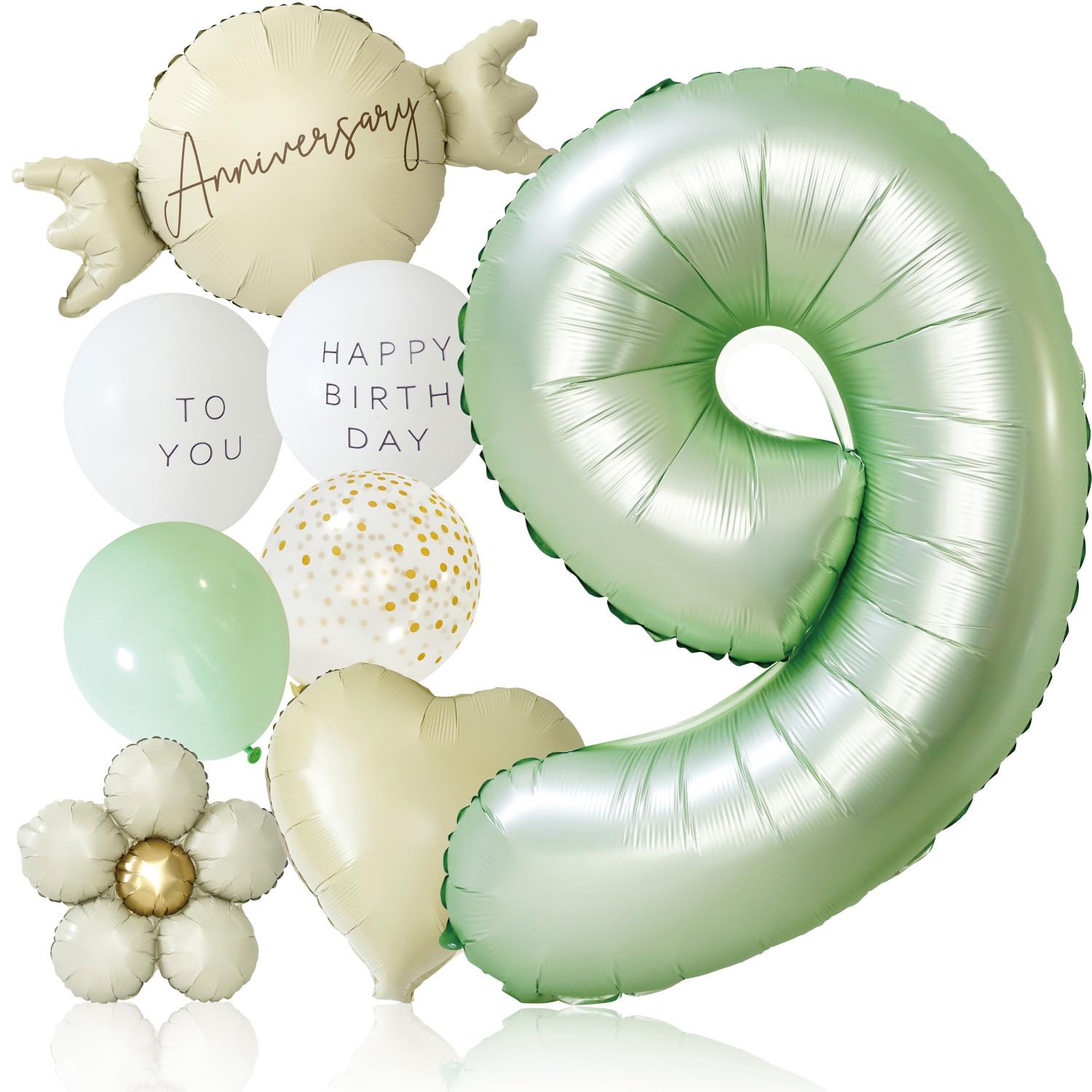 deerzon くすみグリーン 9歳 くすみカラー 数字 バルーン 誕生日 飾り付け 10点 セット 大きい 65cm くすみ ニュアンスカラー ナンバーバルーン バースデー 9