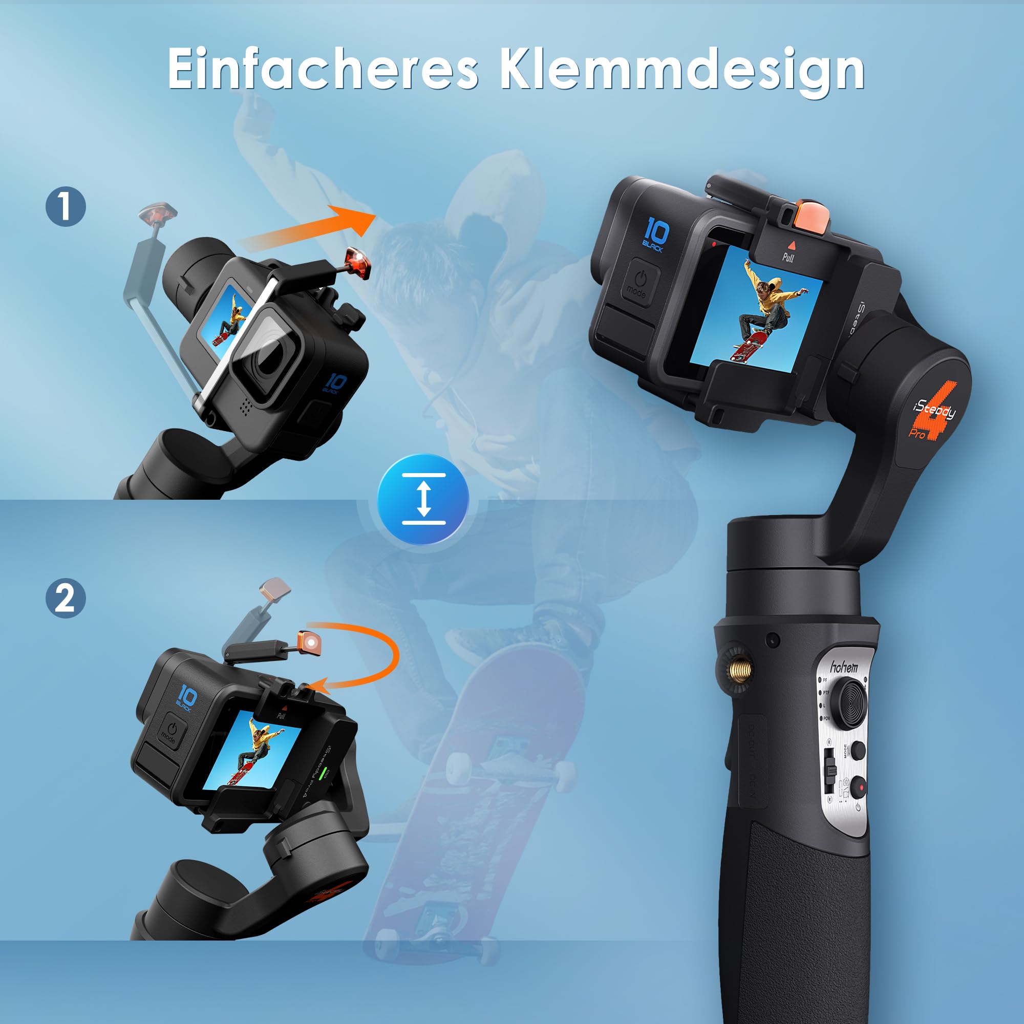 hohem iSteady Pro4, Action Kamera Gimbal Kompatibel mit GoPro Hero 13/12/11/10/9/8/7/6/5/4, für DJI Osmo Action 3/Insta360 One R/Sony RX0, 3 Achsen Stabilisator 14 St. Betriebszeit, IPX4 Splash-Proof