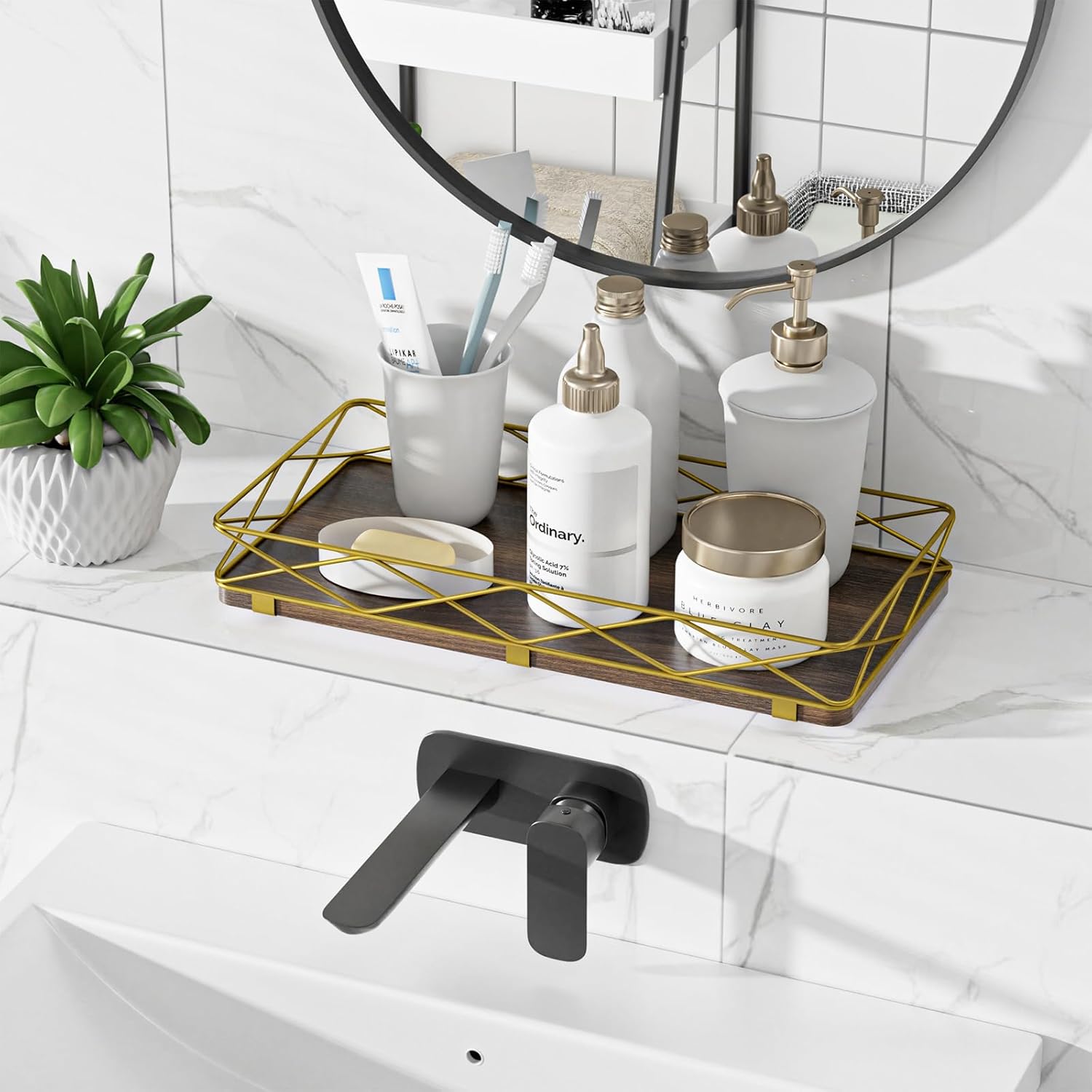 Toilet Paper Basket Holder, 13" Bathroom Tray Countertop, Wood and Metal Toilet Tank Tray Bathroom Vanity Organizer for Toiletry, Kitchen Sink Organizer for Soap Dispenser (Brown+Gold) - Image 4