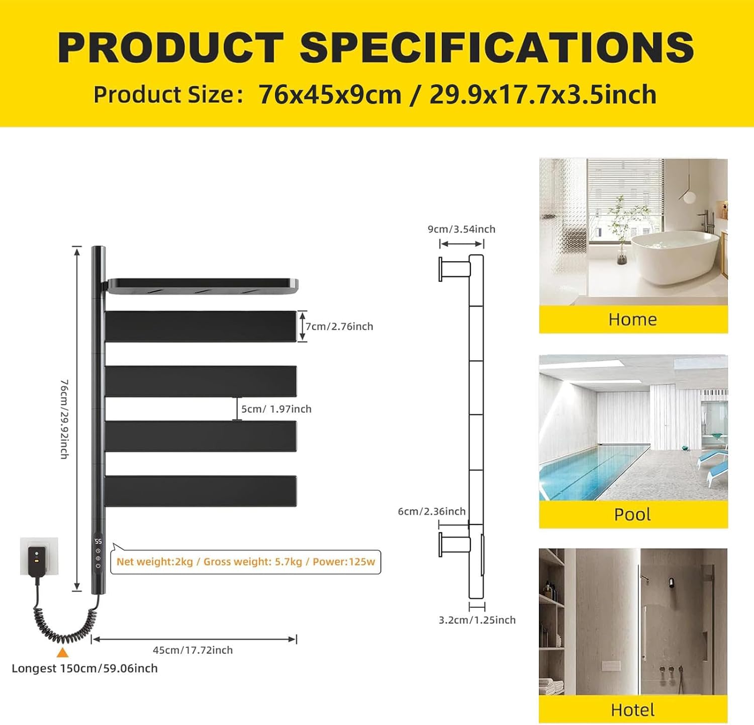 Towel Rack Warmer 180° Rotating, Towel Dryer for Bathroom with Timer,LED Display,Constant Temperature Control, Electric Towel Rail Hard Wired/Plug-in,Gray (Black)