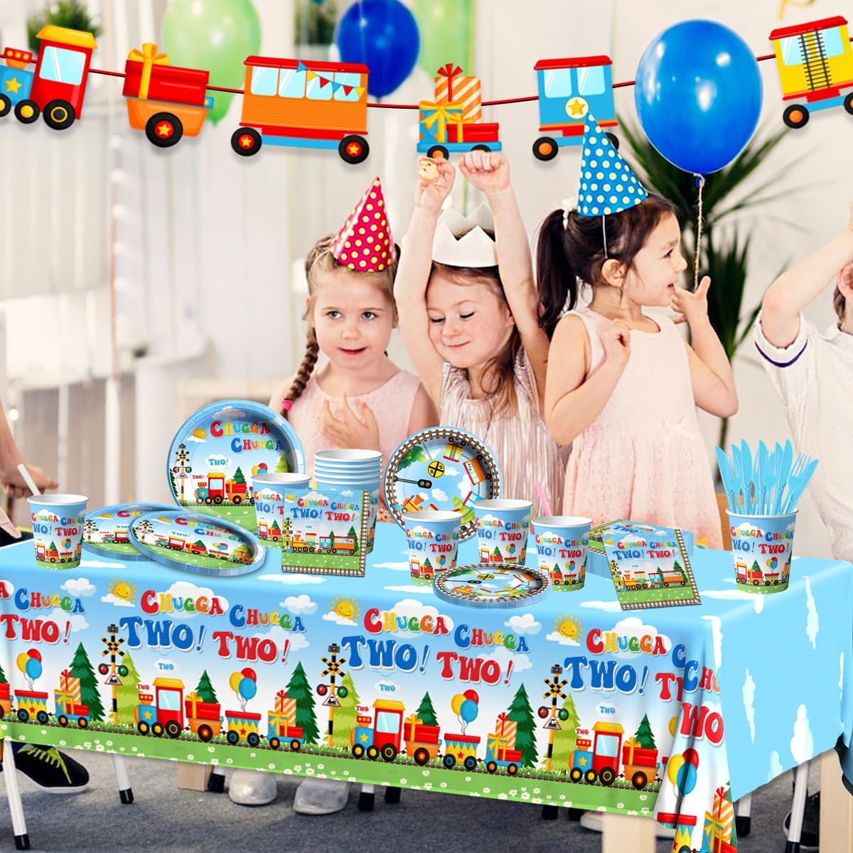 Chuagaa Chugga Two Two 142PCS Birthday Decoration Train Paper Plates Tableware Set - Transportation Table Cloth Banner Cups for 2nd Birthday Train Party Supplies - Image 4